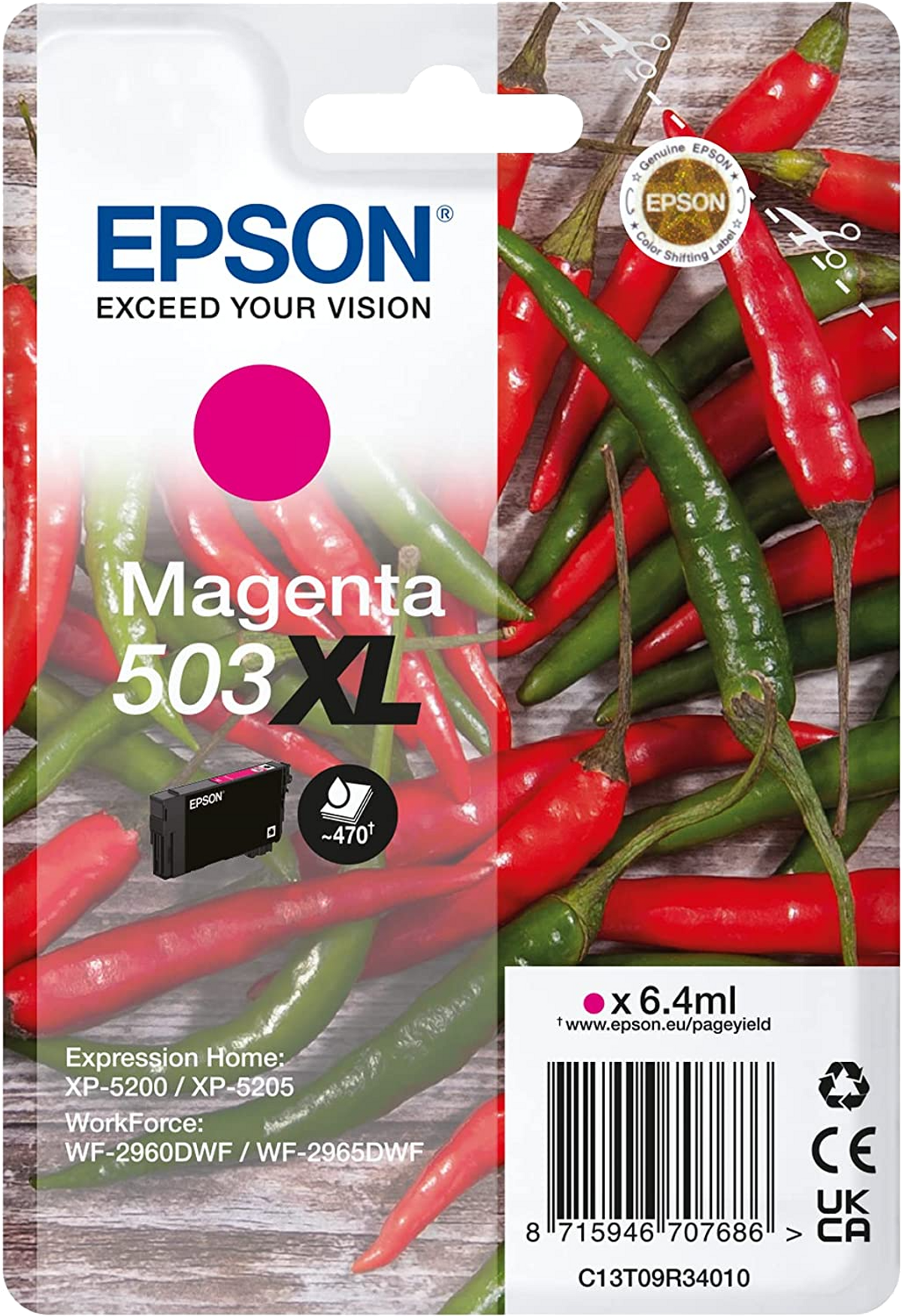 Opakowanie wkładu atramentowego Epson Magenta. Tło z papryczkami chili. Informacje o produkcie na dole.
