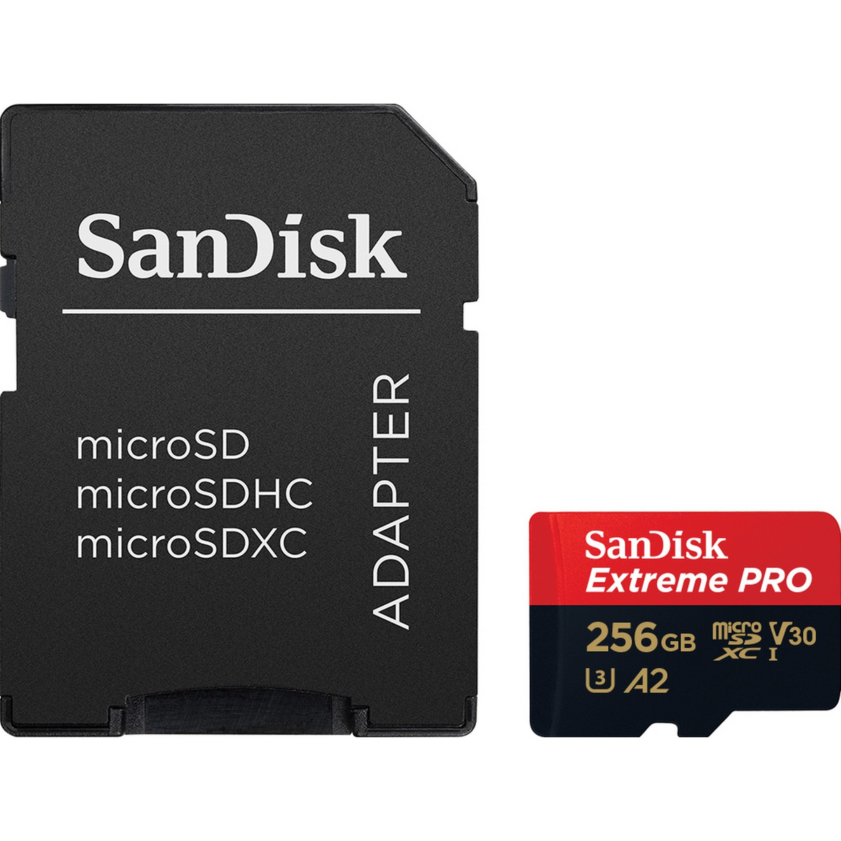 Karta SD Sandisk i adapter. Karta SD jest czerwono-czarna, adapter czarny. Białe tło.