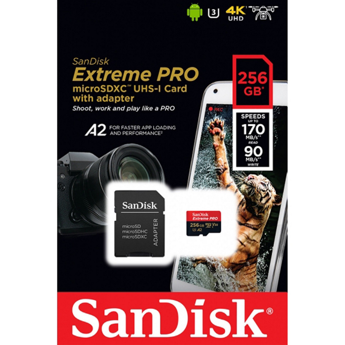 Karta SanDisk Extreme PRO microSD z adapterem. Opakowanie pokazuje kartę i obraz telefonu.