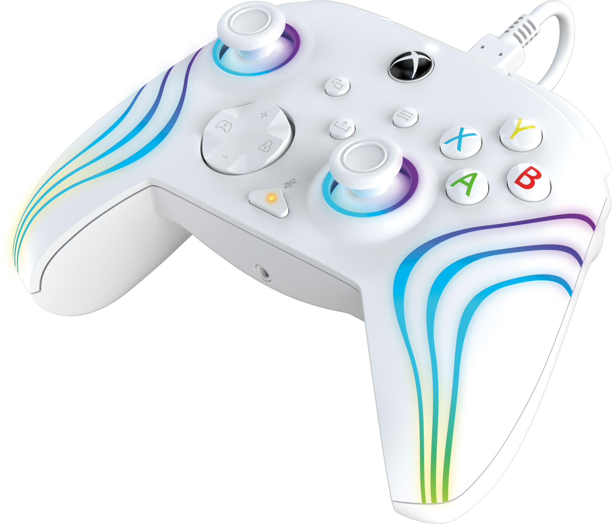 Weißer Xbox-Controller mit bunten Lichtern und Knöpfen.