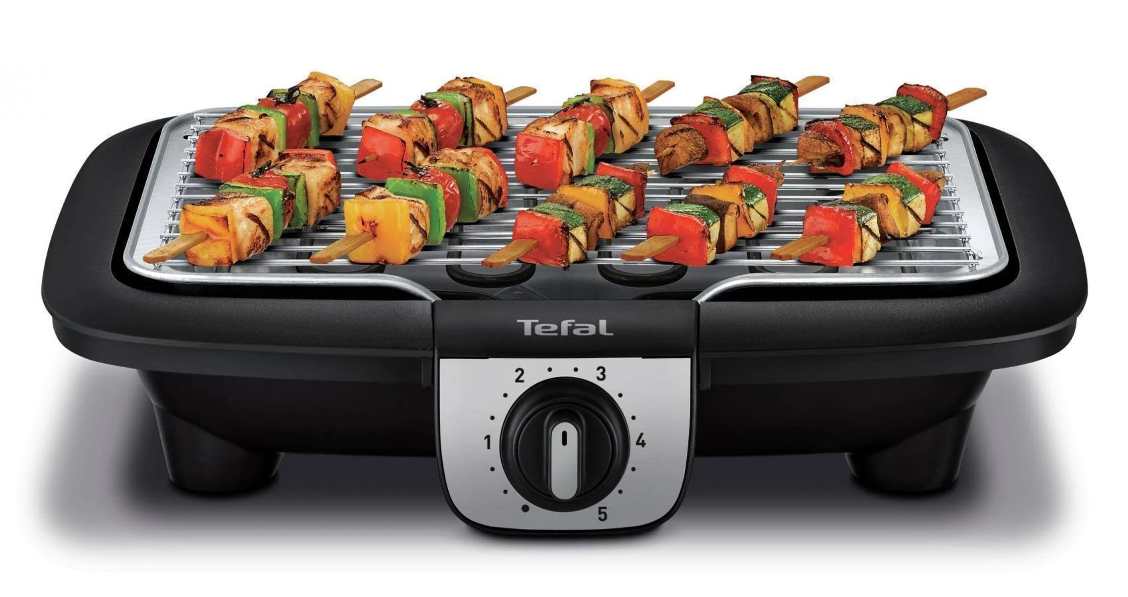 Griglia elettrica nera con spiedini di verdure grigliate, con manopola della temperatura e logo Tefal.