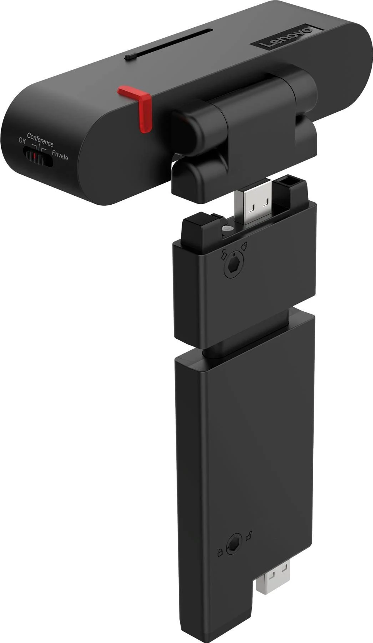 Czarny głośnik konferencyjny USB Lenovo. Odłączane części, z kontrolkami konferencji i prywatności.