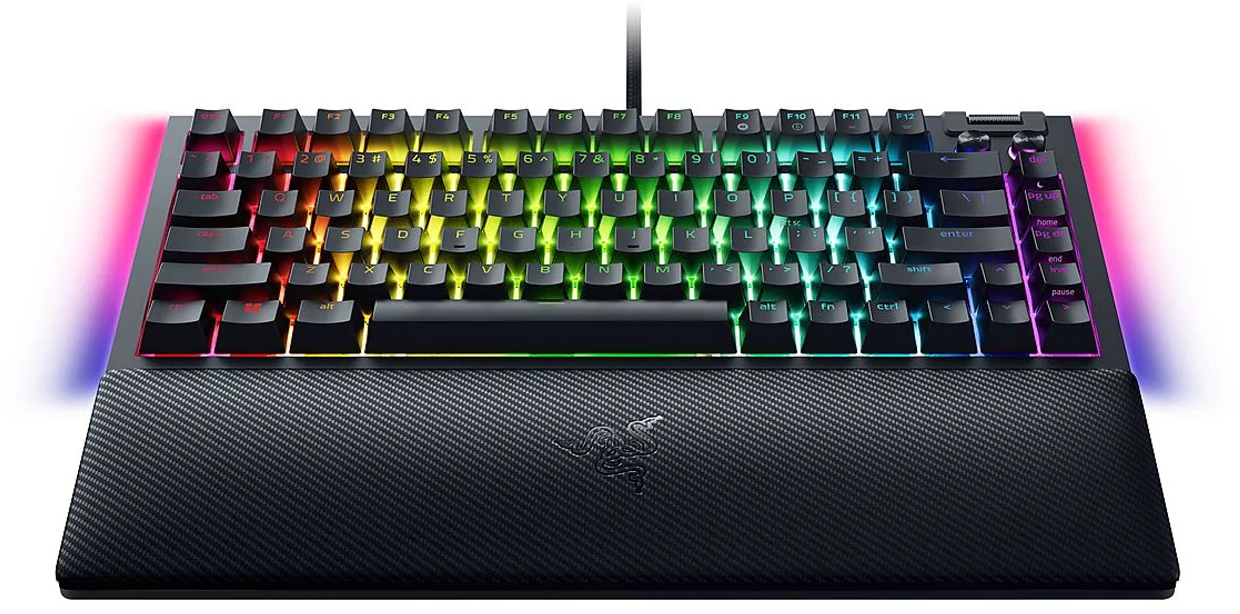 Klawiatura Razer z tęczowymi klawiszami. Posiada podpórkę pod nadgarstek. Czarna klawiatura.