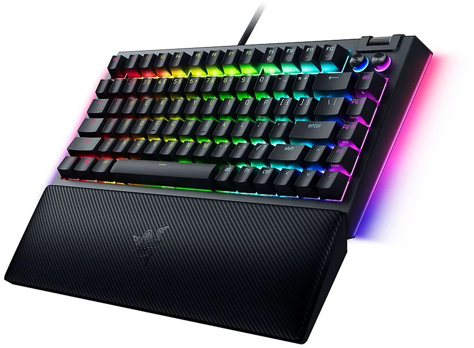 Czarna klawiatura z kolorowymi klawiszami, podpórką pod nadgarstki i logo Razer. Klawisze mają światło.