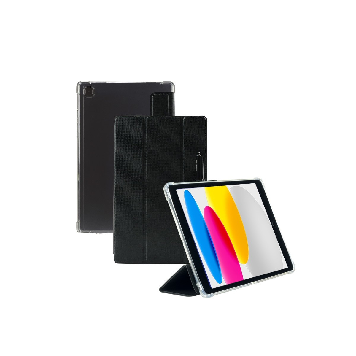 Tres tabletas en fundas. Una con pantalla, dos fundas negras.
