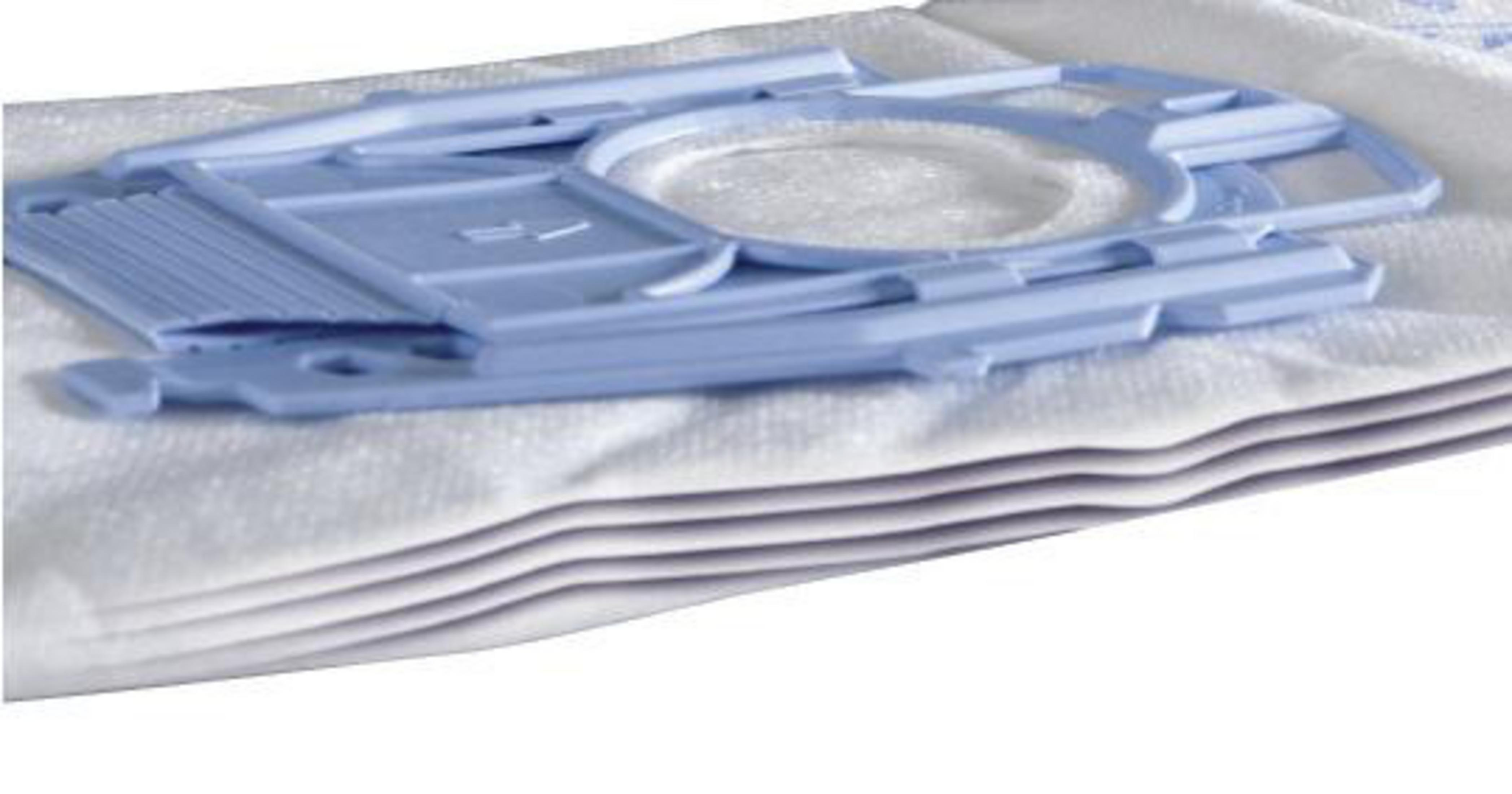 Una bolsa de aspiradora azul con marco de plástico y material filtrante blanco.
