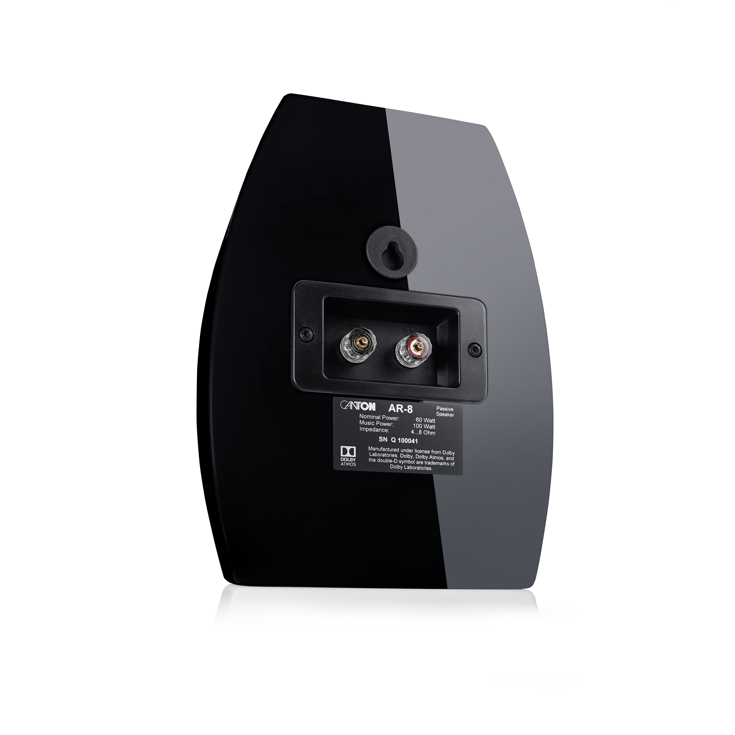 Schwarzer Canton AR-8 Lautsprecher. Die Rückseite hat Anschlüsse und ein Dolby Atmos Logo.