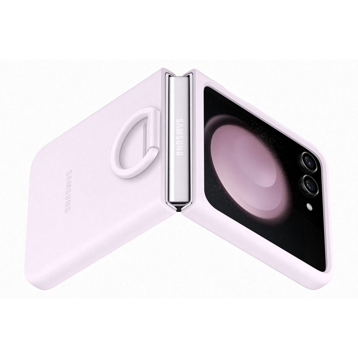 Un teléfono Samsung Galaxy Z Flip rosa está abierto. La pantalla y la cámara del teléfono son visibles.
