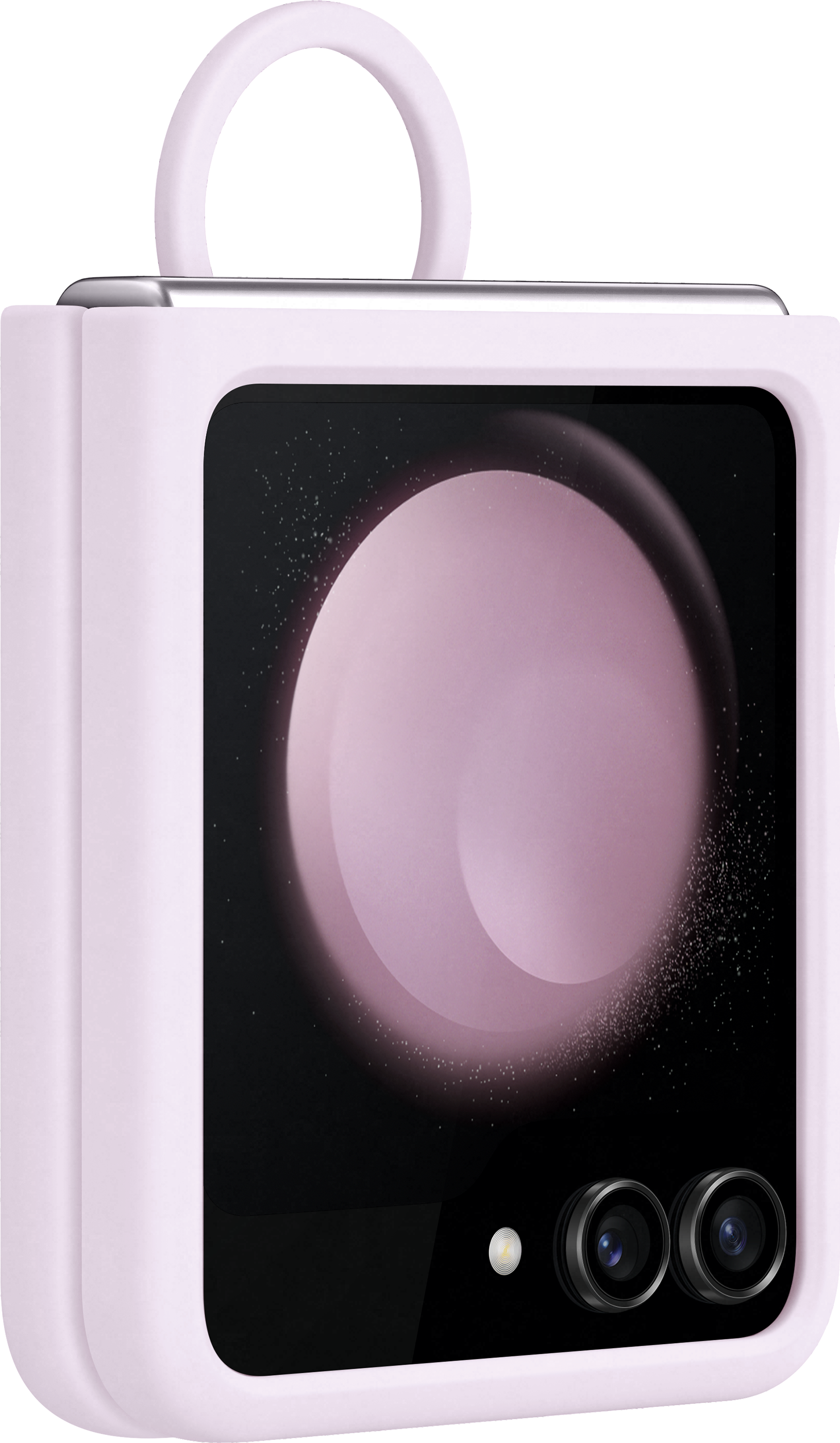 Un teléfono rosa con asa. La pantalla muestra un círculo rosa.