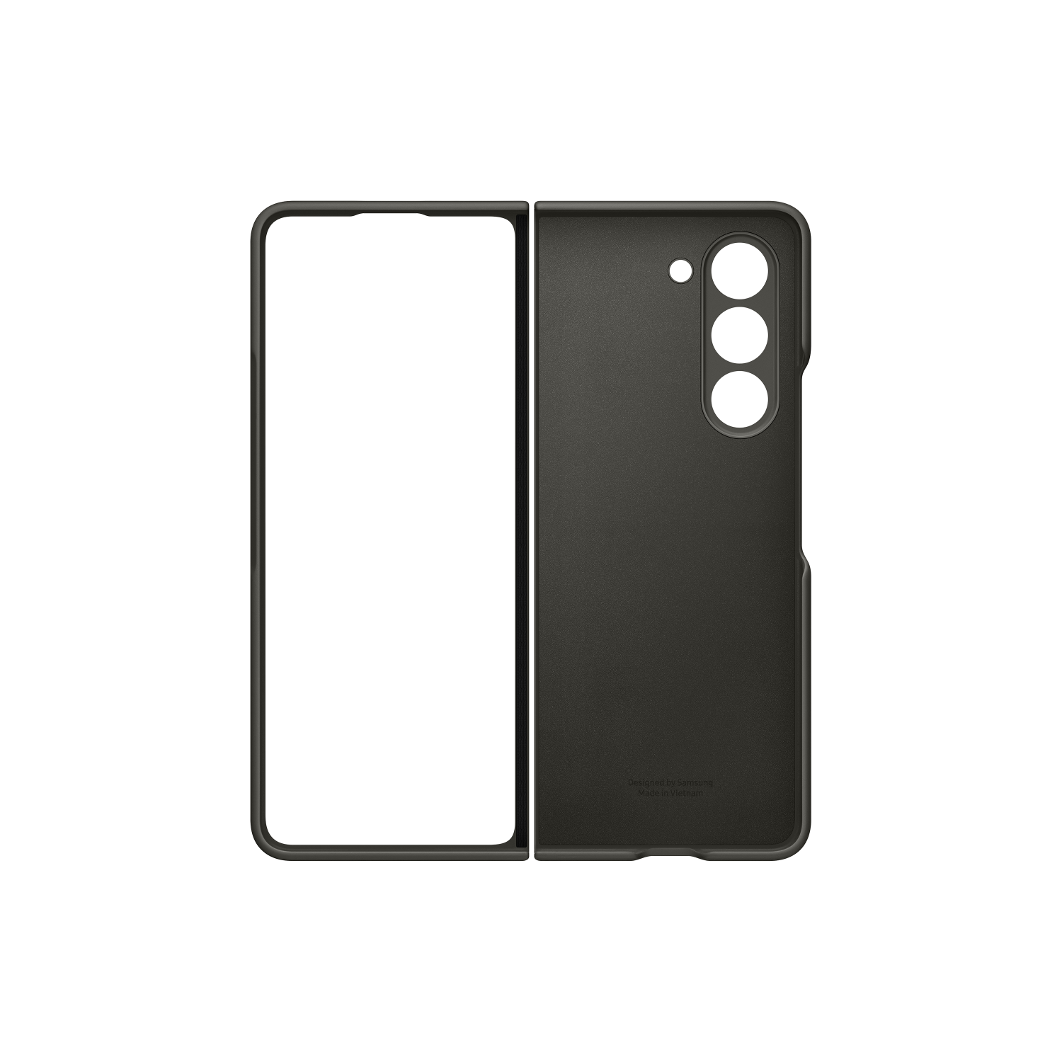 Teléfono plegable negro, cerrado. La parte trasera muestra tres lentes de cámara.