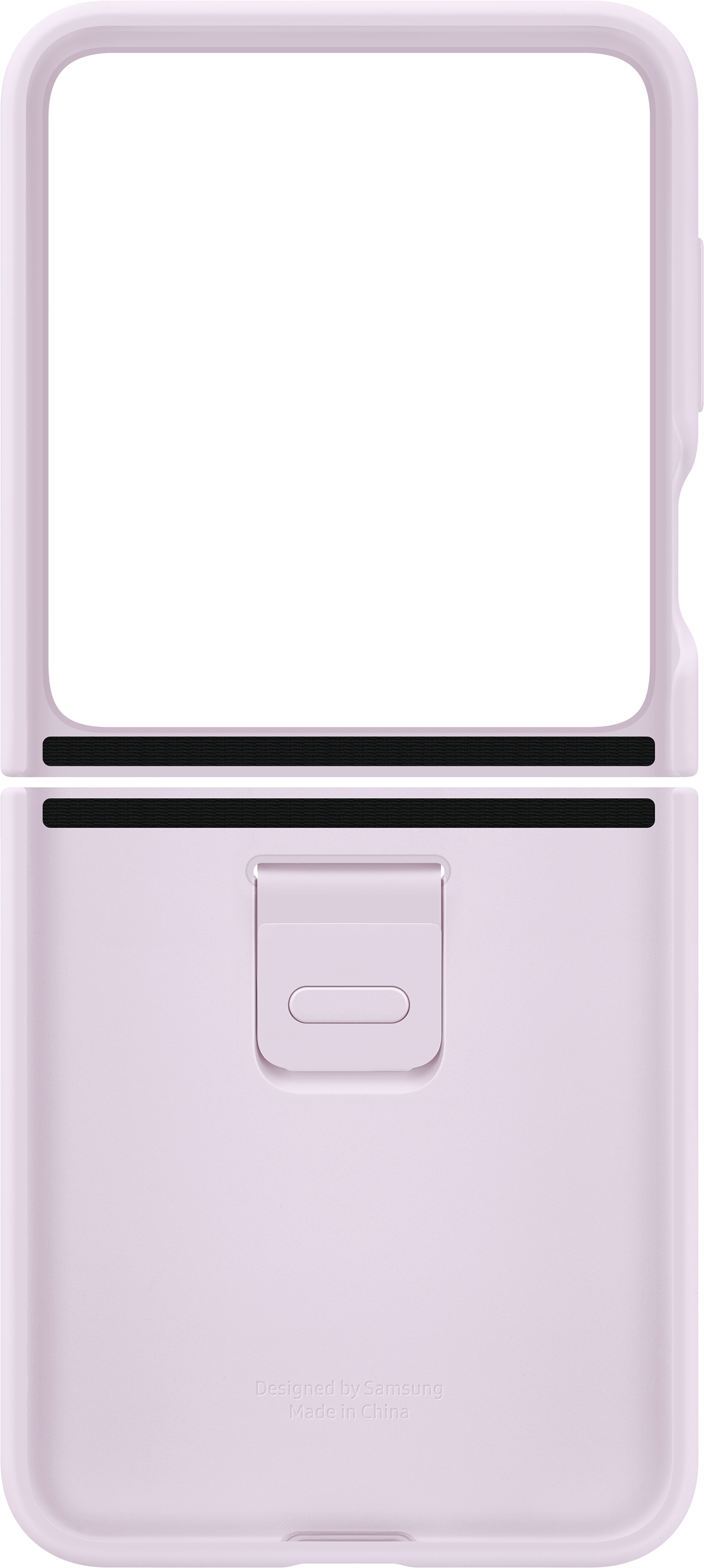 Funda plegable lavanda, diseñada por Samsung, sobre fondo negro.