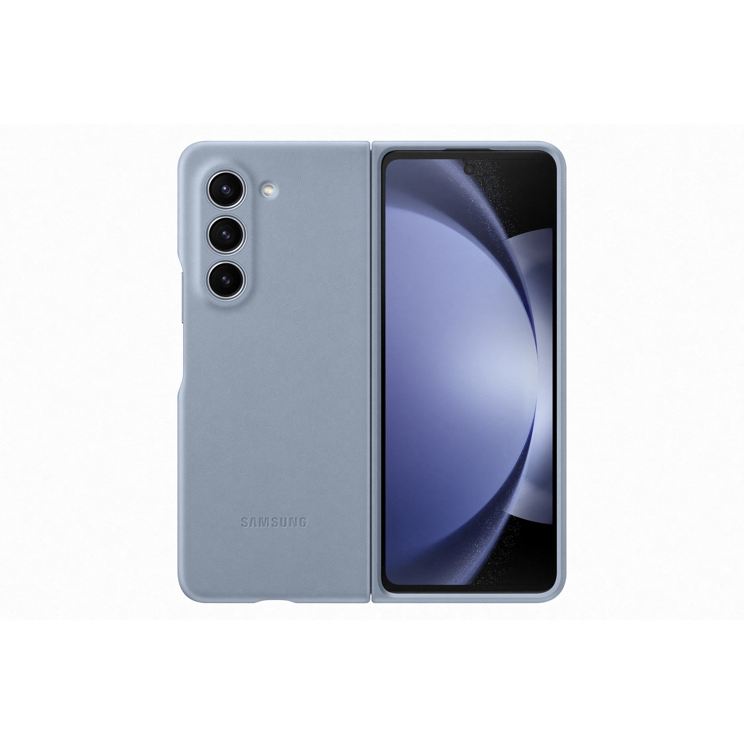 Un telefono Samsung azzurro, piegato, su sfondo bianco. Il telefono ha tre fotocamere.