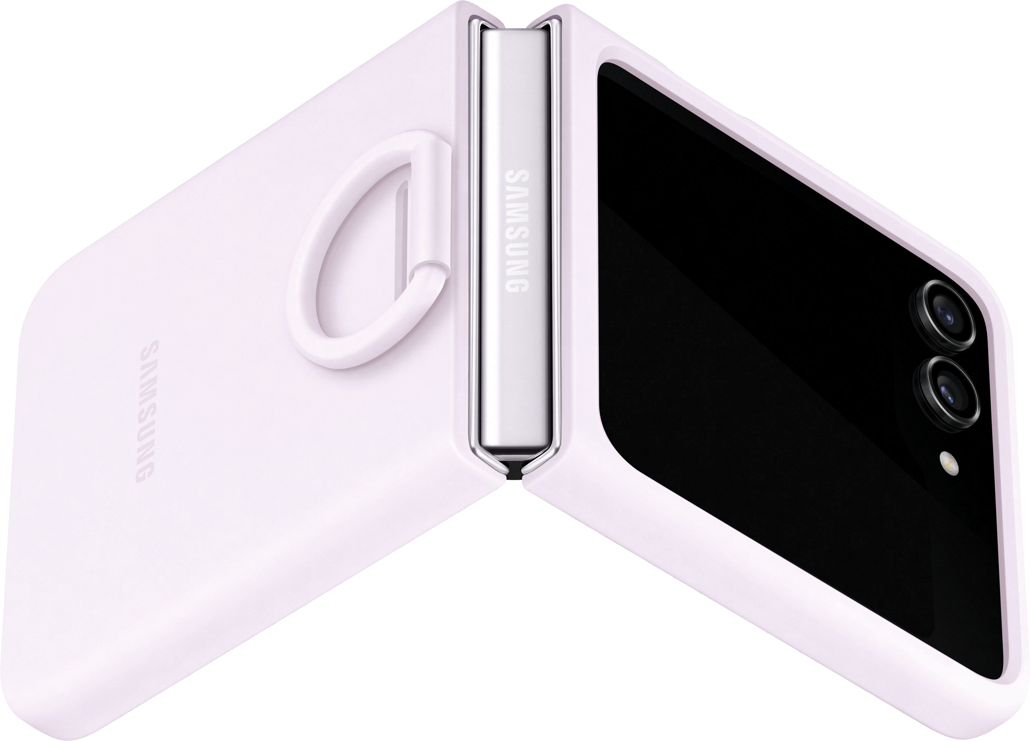 Teléfono Samsung Z Flip rosa. Parcialmente abierto, mostrando pantalla y cámara.