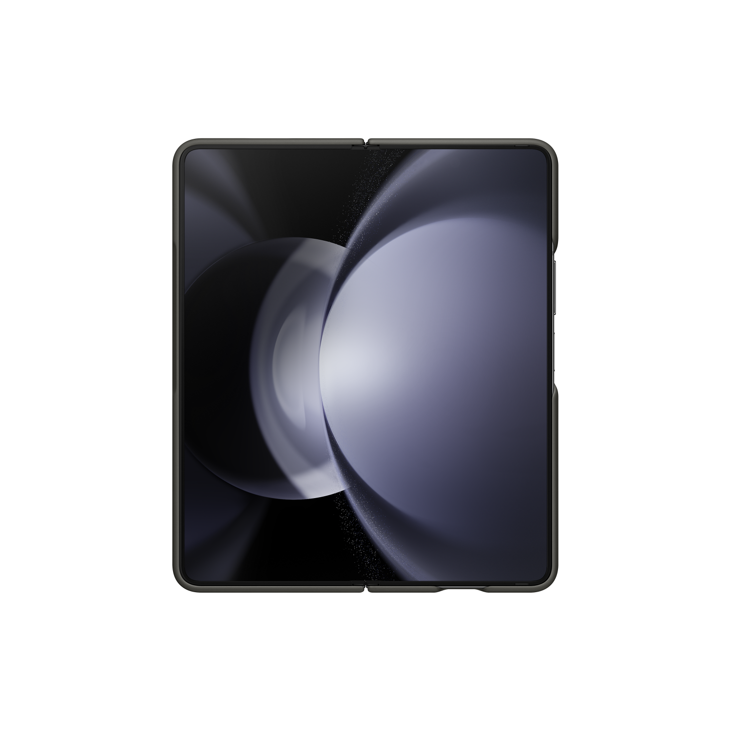 Teléfono plegable, cerrado. Marco negro, pantalla que muestra un diseño circular borroso. Fondo negro.