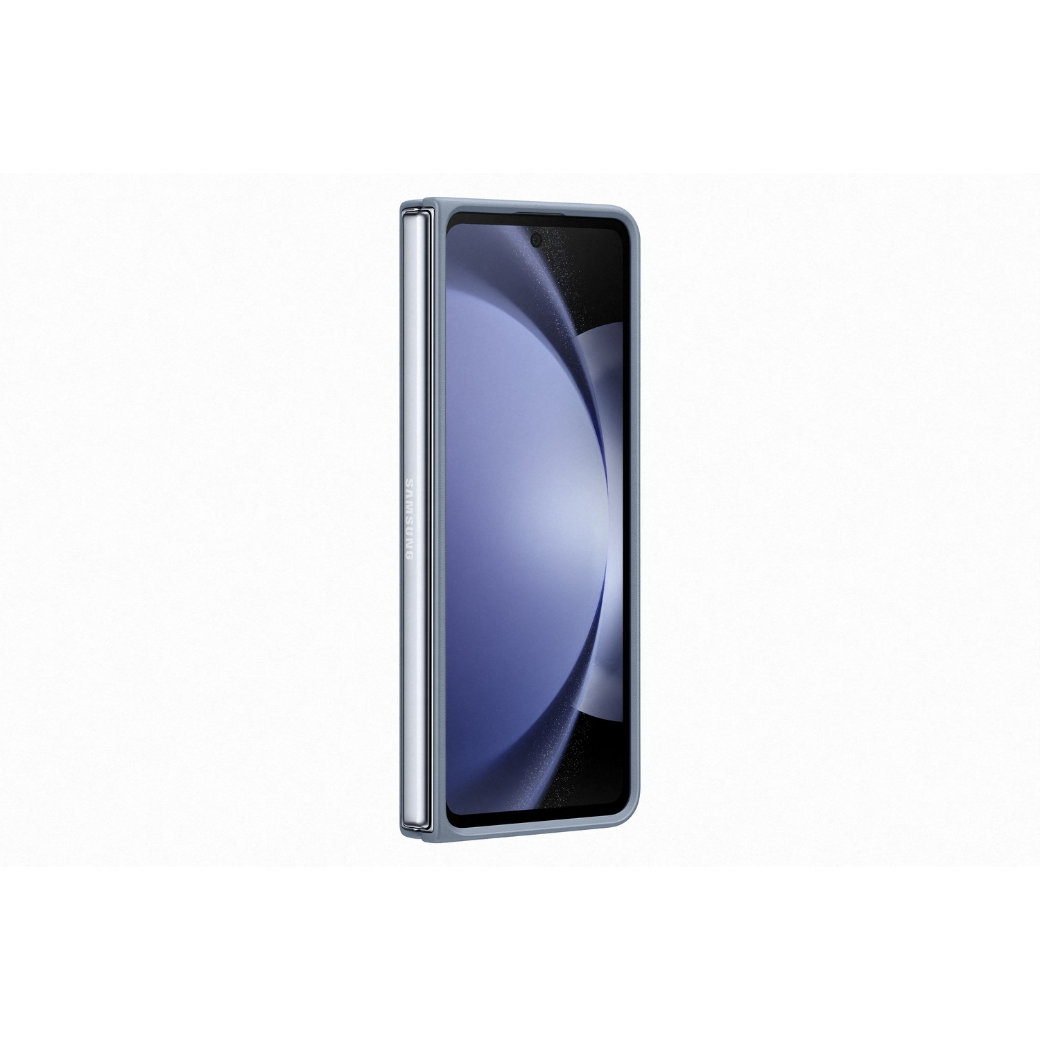 Telefono pieghevole in una custodia azzurra. Lo schermo è visibile e il telefono è parzialmente aperto.
