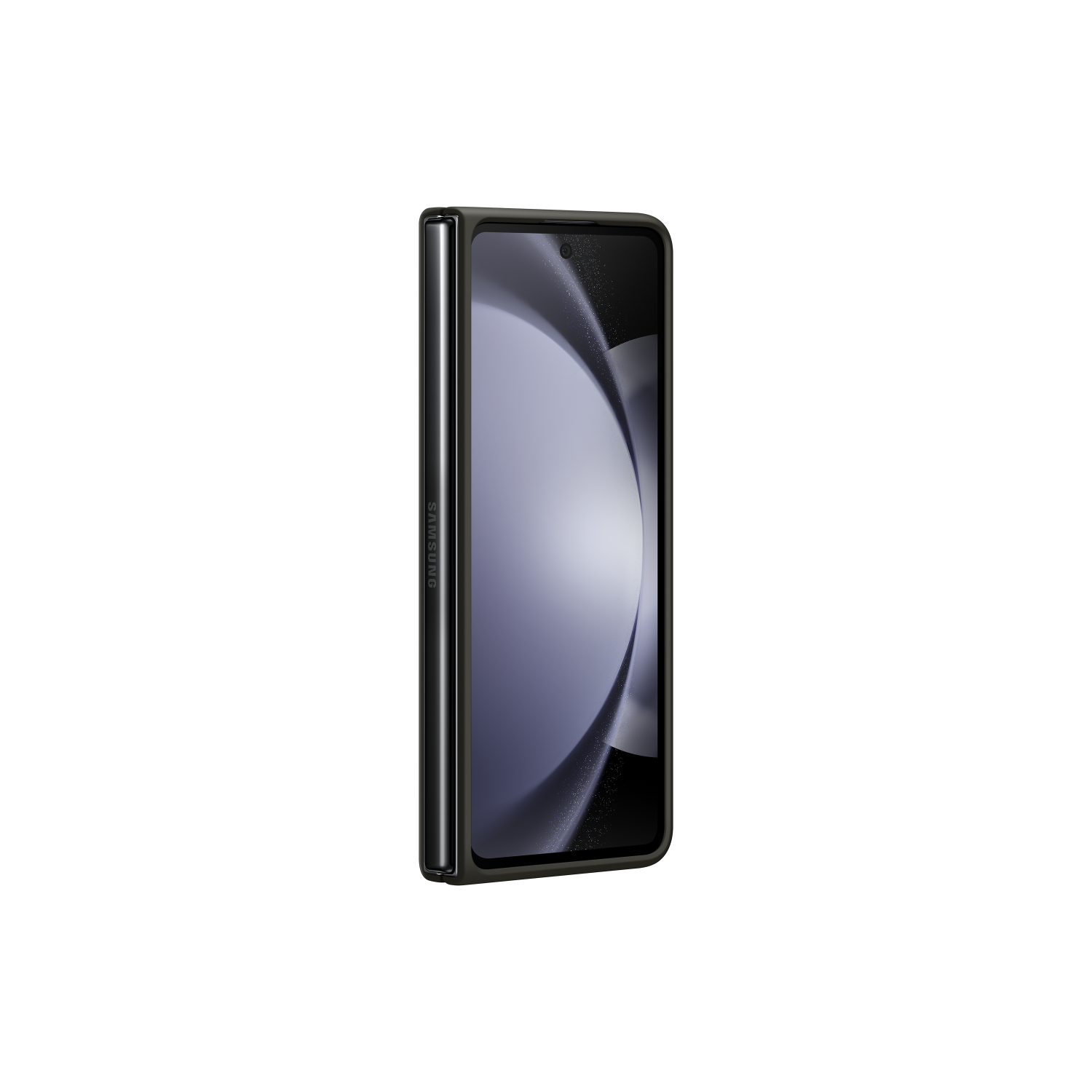 Un teléfono plegable cerrado con un marco negro sobre un fondo negro, mostrando su borde.