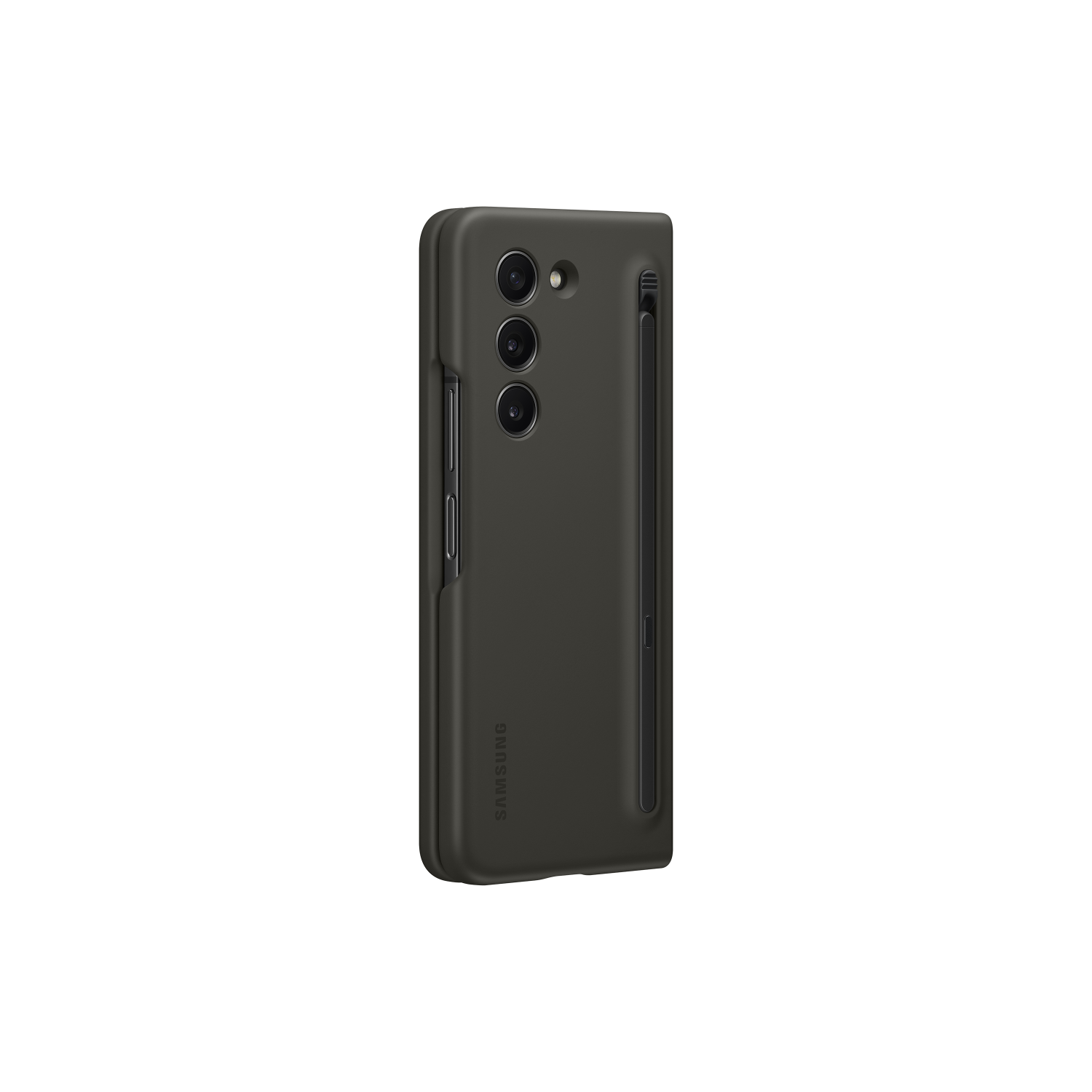 Teléfono plegable en funda gris oscuro con bolígrafo.
