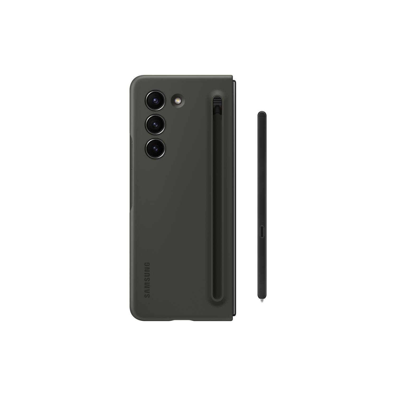 Funda negra Samsung con S Pen adjunto, tres lentes de cámara visibles.