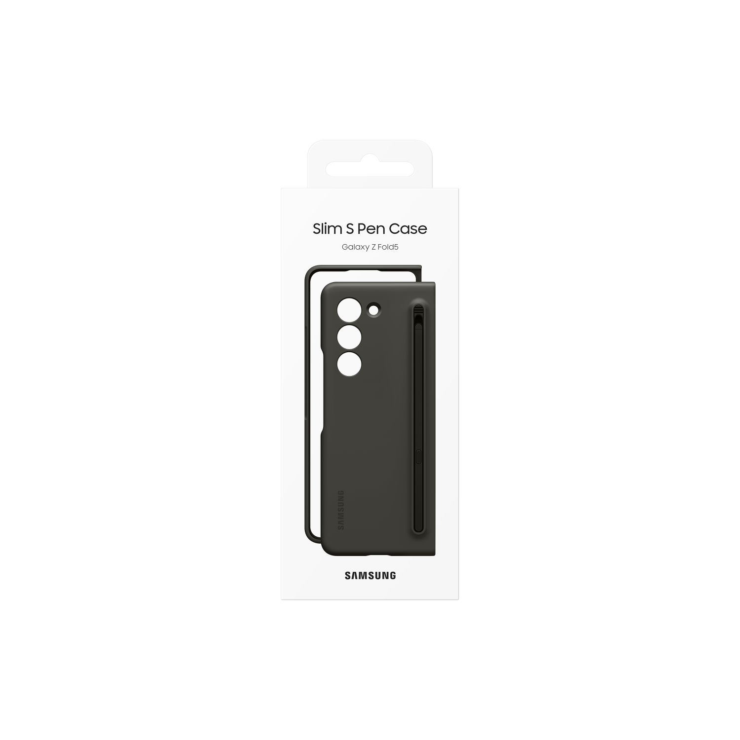 Funda negra para teléfono en caja. La funda tiene un hueco para el bolígrafo y 3 agujeros para la cámara.