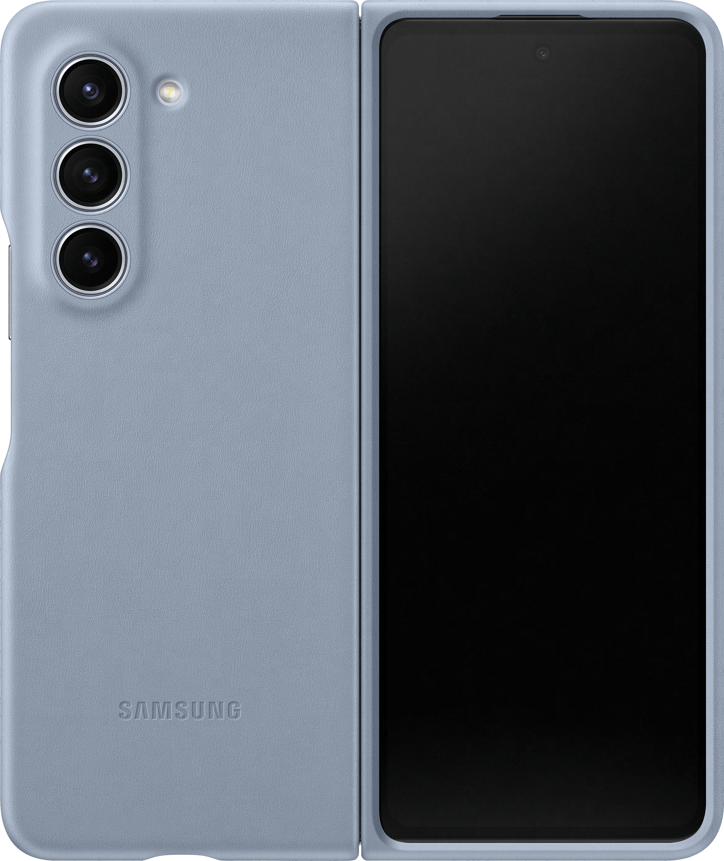 Telefono pieghevole azzurro, aperto, che mostra lo schermo nero.