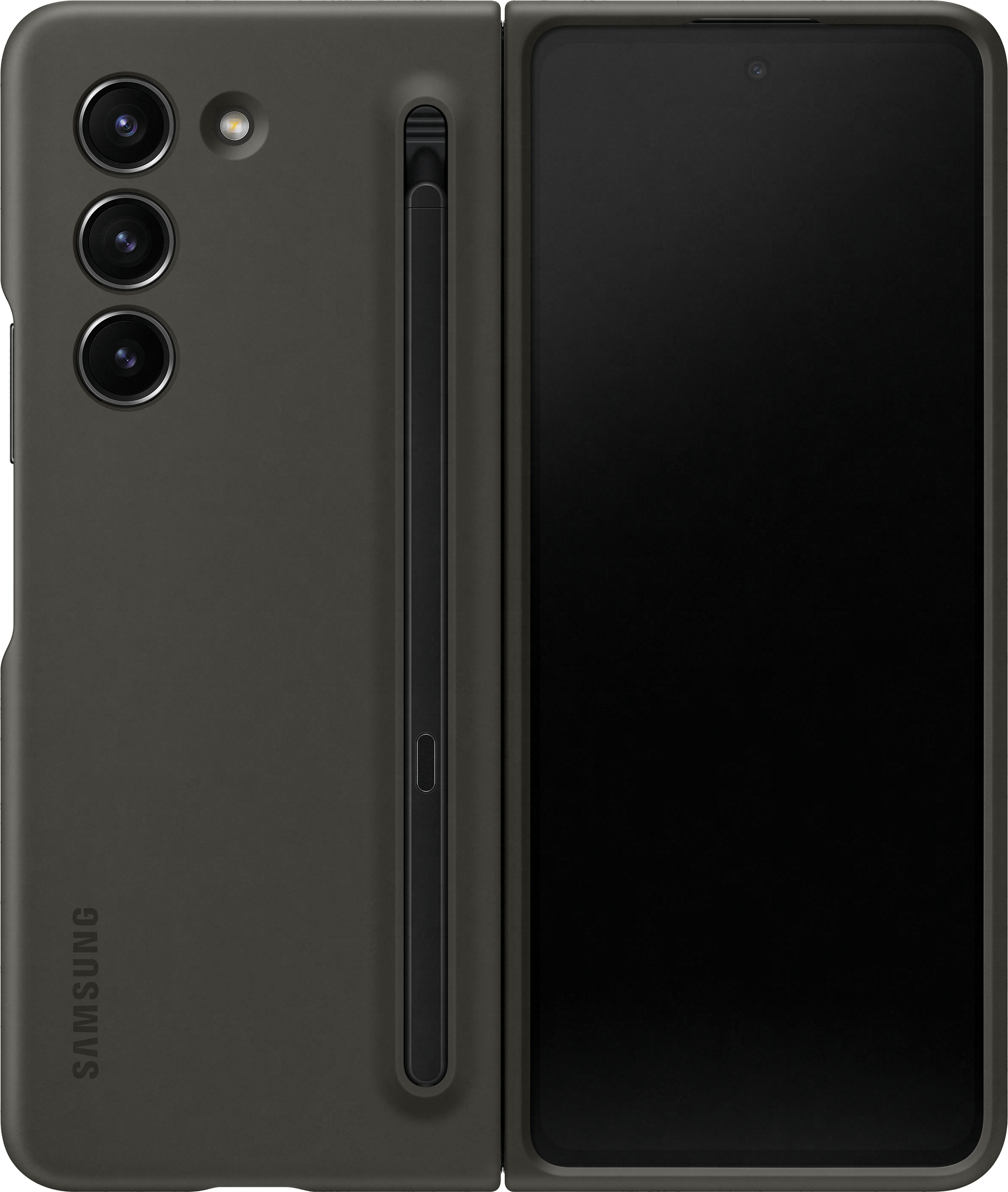 Una funda de teléfono gris oscuro con un bolígrafo, abierta para mostrar el teléfono.