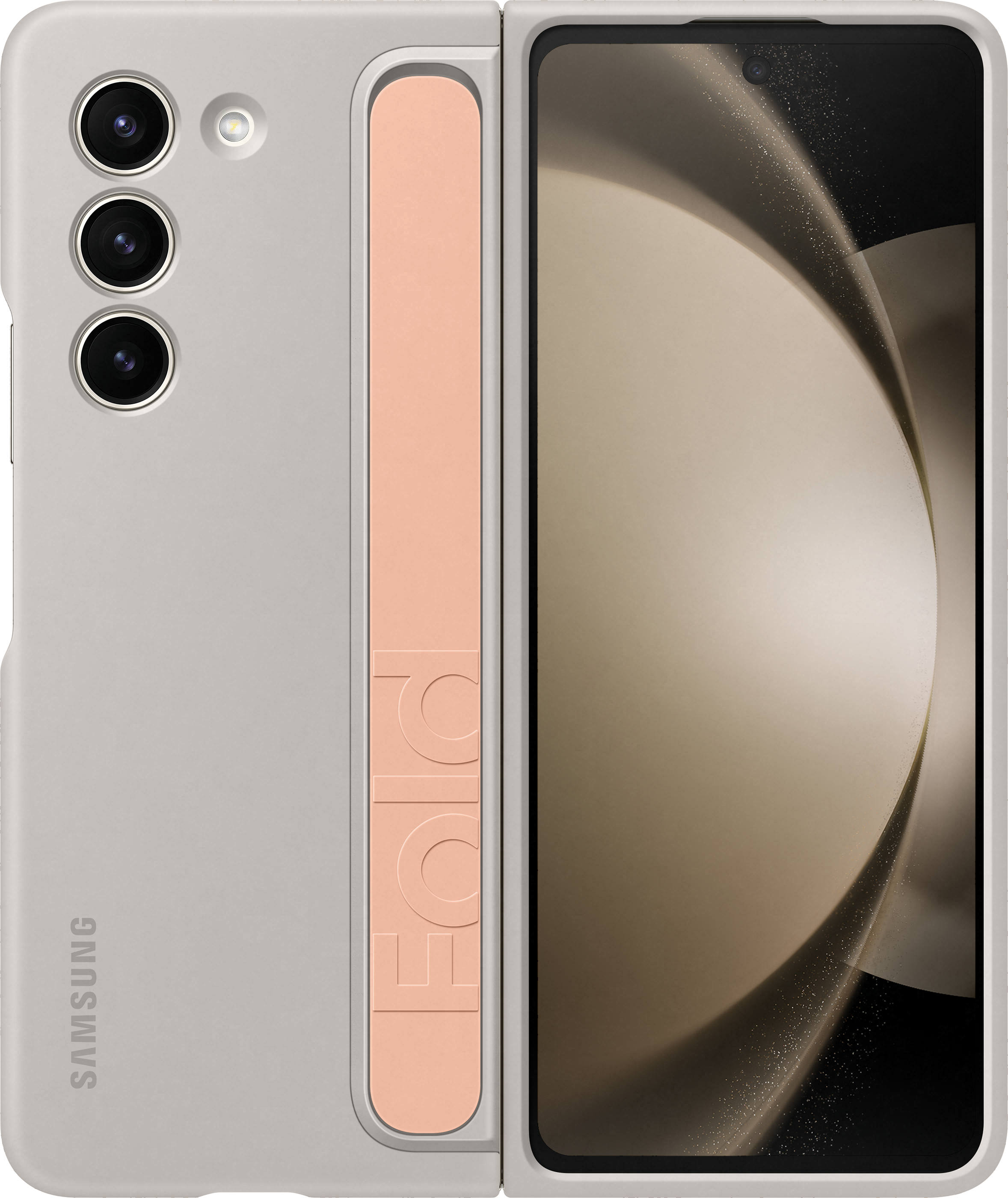 Un telefono Samsung Galaxy Z Fold chiuso, grigio chiaro, con un cinturino color pesca.