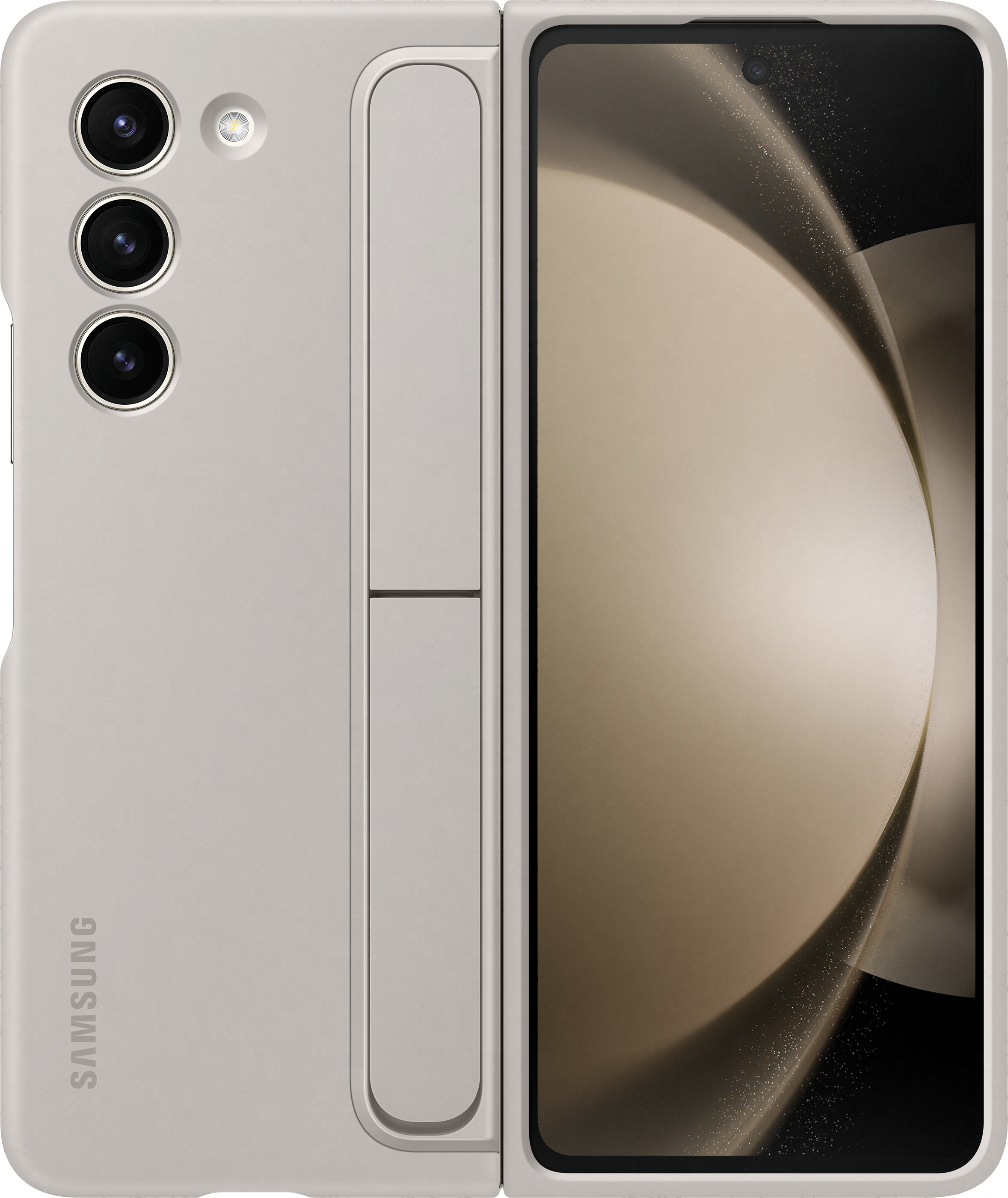 Telefono pieghevole in una custodia beige, che mostra un display. Il telefono è parzialmente aperto.