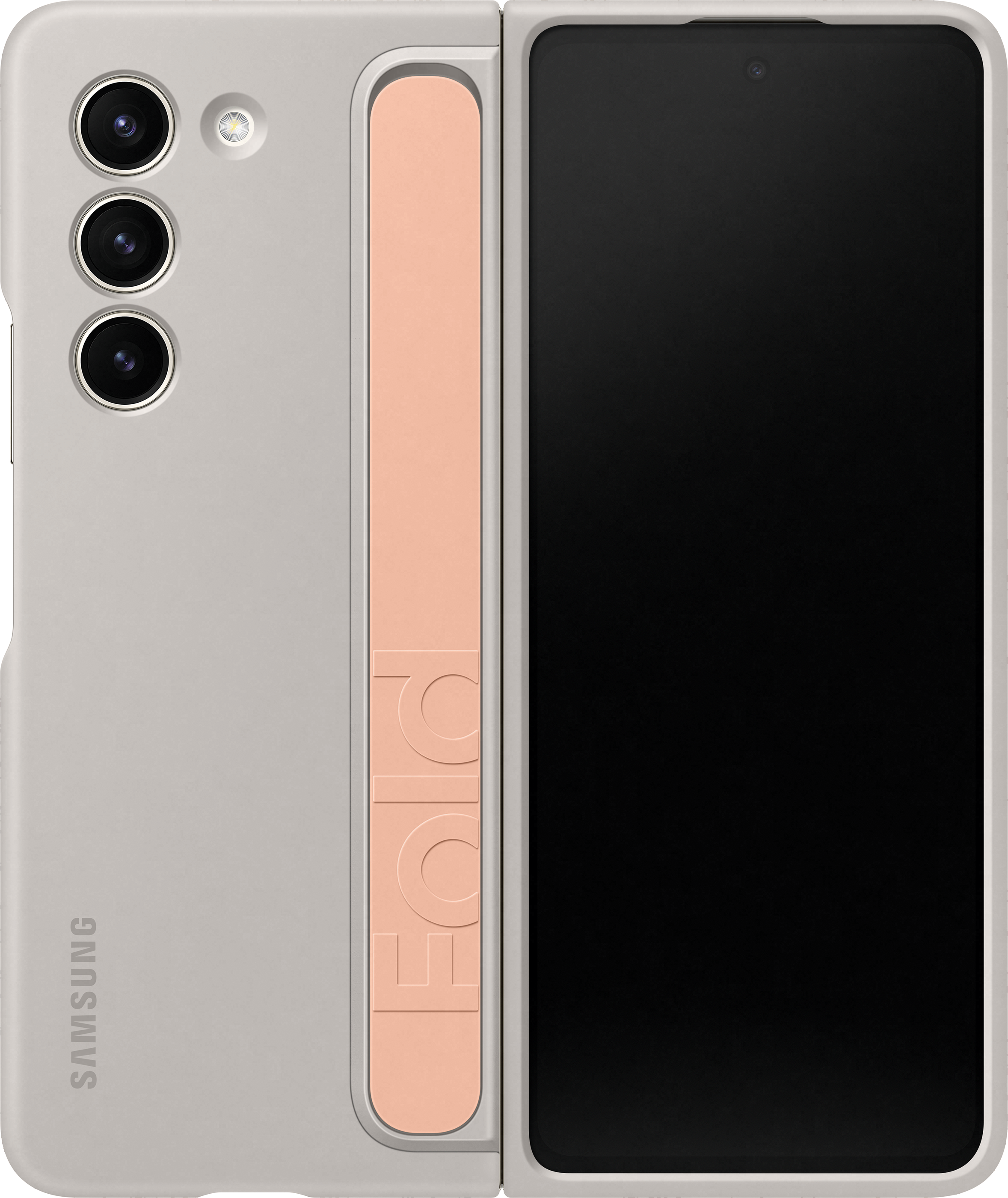 Telefono pieghevole grigio chiaro con striscia rosa e tre fotocamere visibili.
