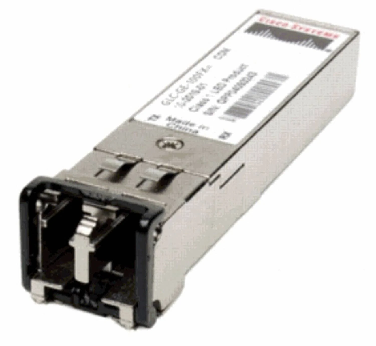 Pequeño módulo de red plateado, conector negro. Etiqueta Cisco Systems visible.