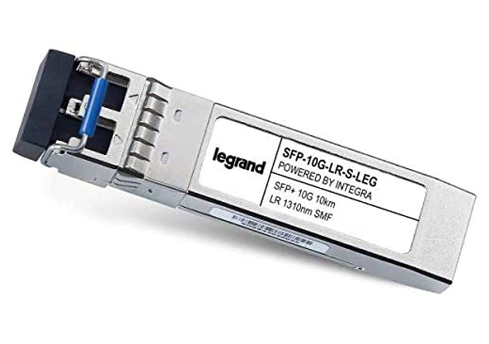 Módulo SFP Legrand, plateado y negro, con texto en una etiqueta blanca.