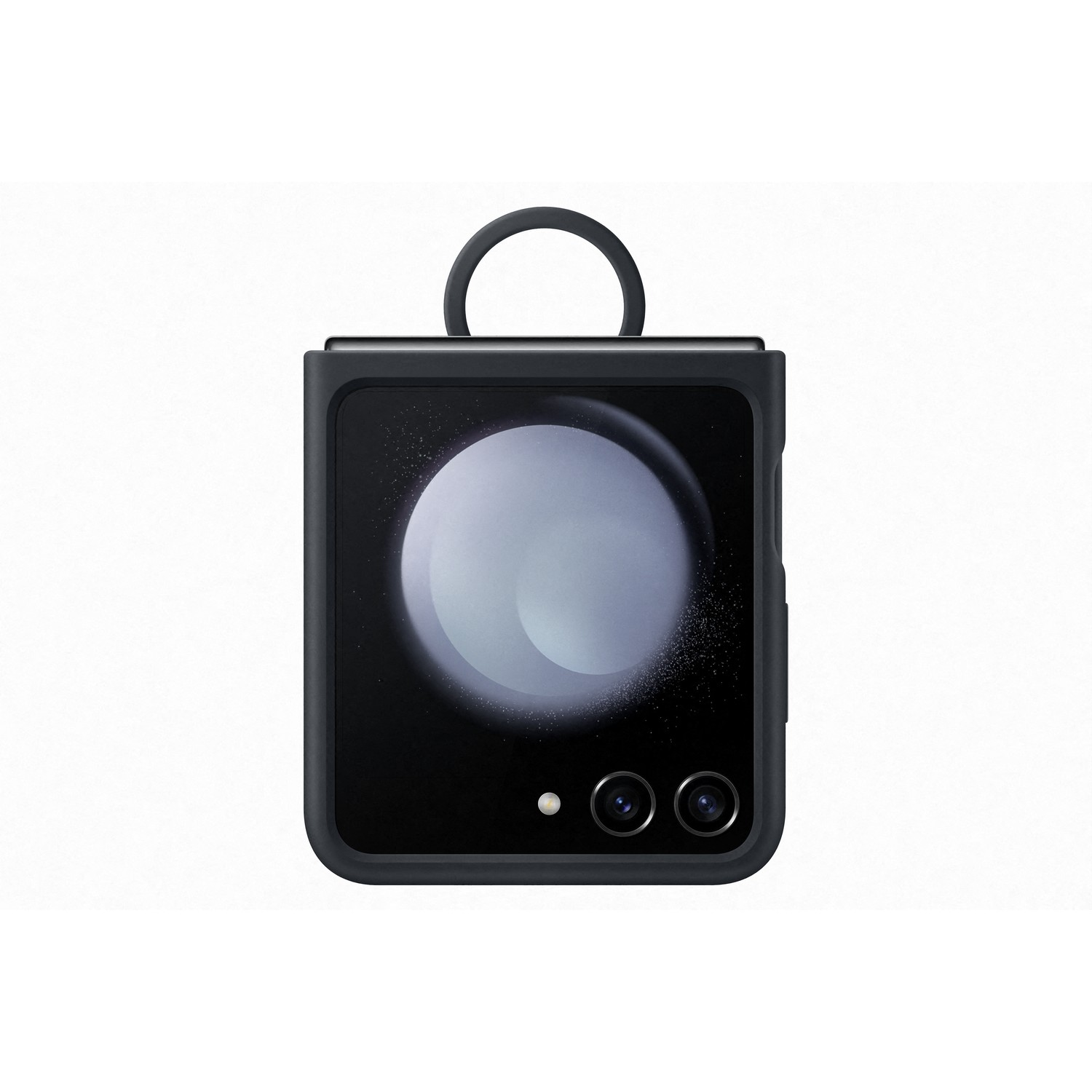 Czarny, zamknięty smartfon z okrągłym wyświetlaczem aparatu. Czarna pętla na górze. Białe tło.