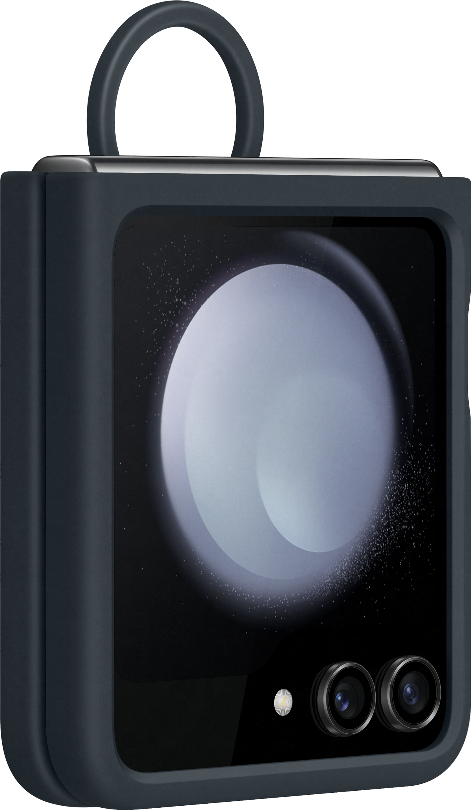 Ciemnoniebieskie składane etui na telefon z małym uchwytem. Ma ekran z rozmytym niebieskim obrazem.