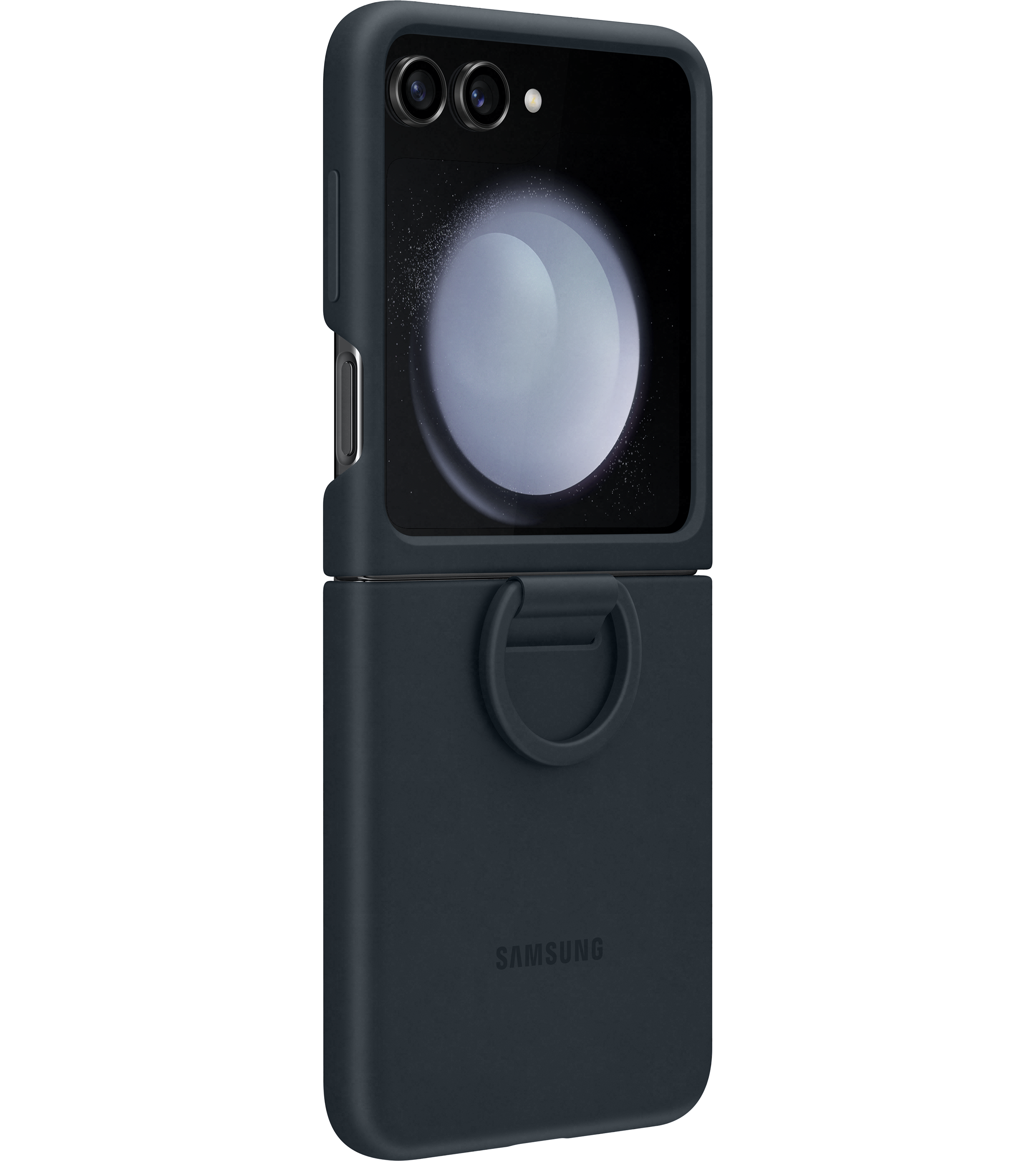 Ciemnoniebieskie etui na telefon Samsung Galaxy Z Flip. Zamknięty telefon z uchwytem na pierścień.