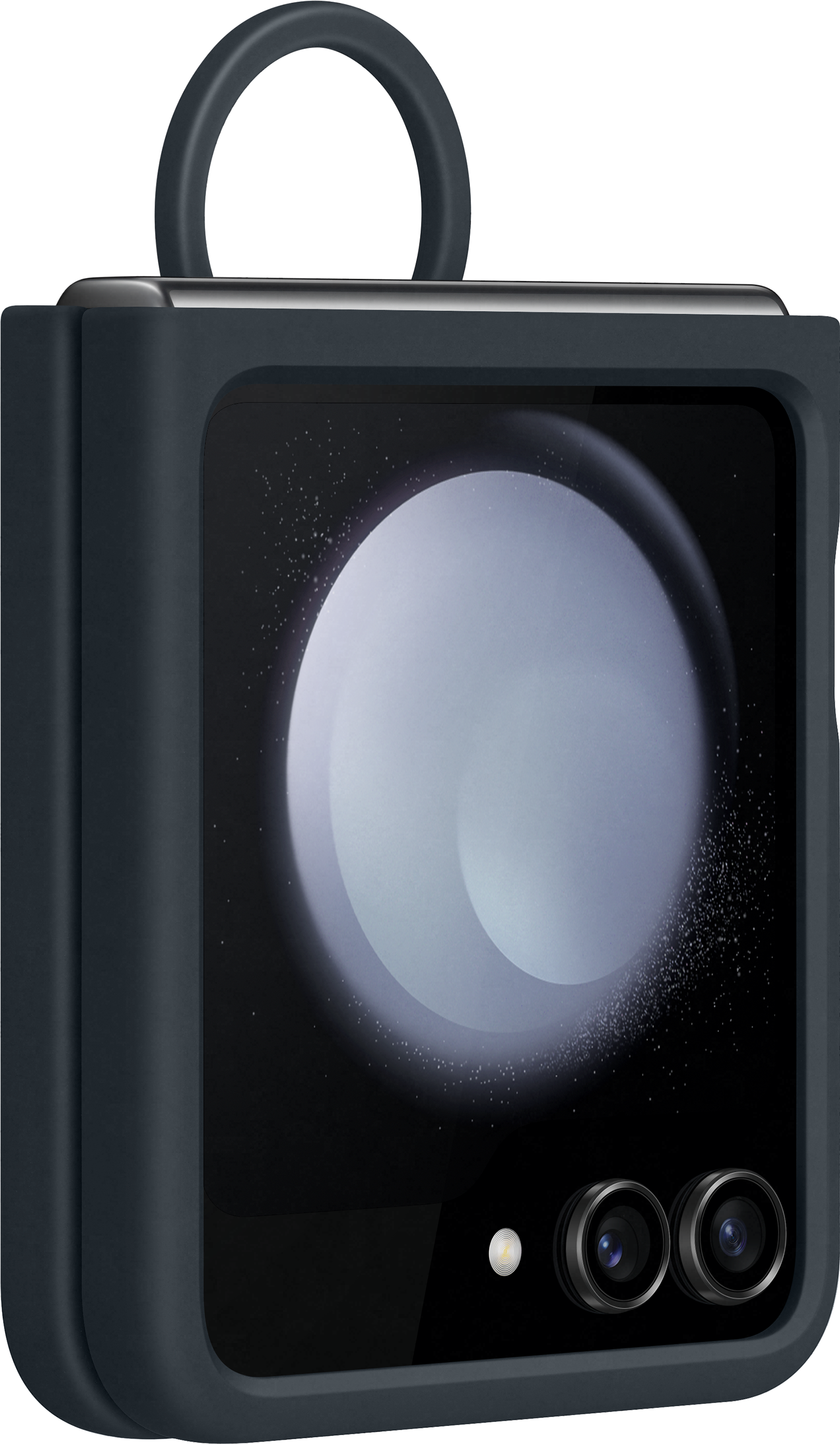 Ciemnoniebieskie etui na telefon z ekranem i aparatem. Na górze znajduje się pętla.