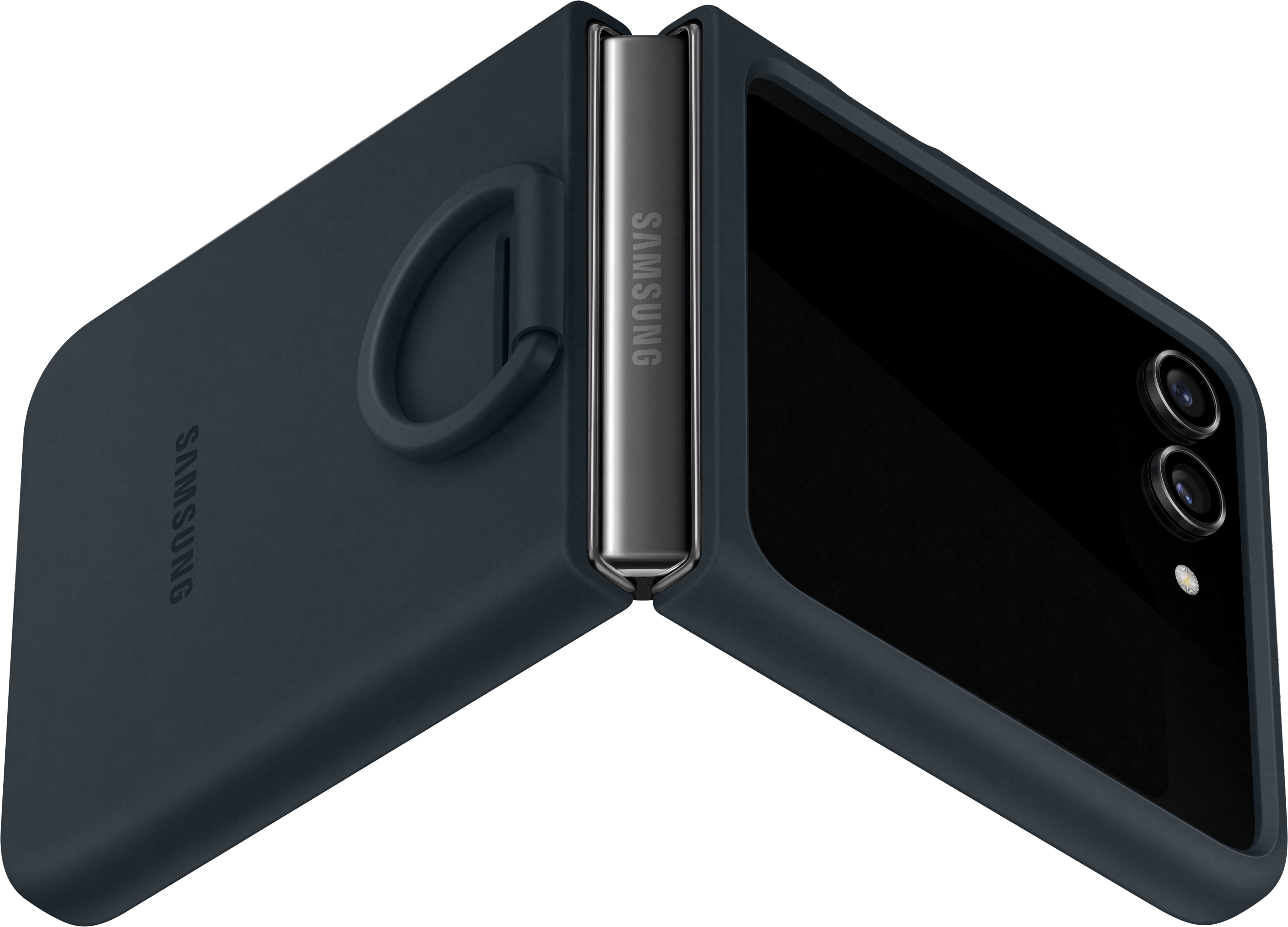 Ciemnoniebieskie etui na telefon Samsung z uchwytem na pierścień, otwarte, pokazujące telefon.