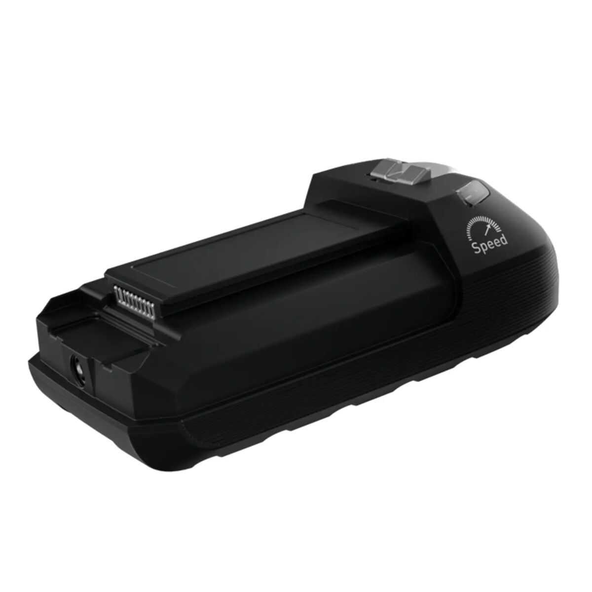 Czarny, prostokątny akumulator z pokrętłem 'prędkość' na górze. Ma gniazdo.