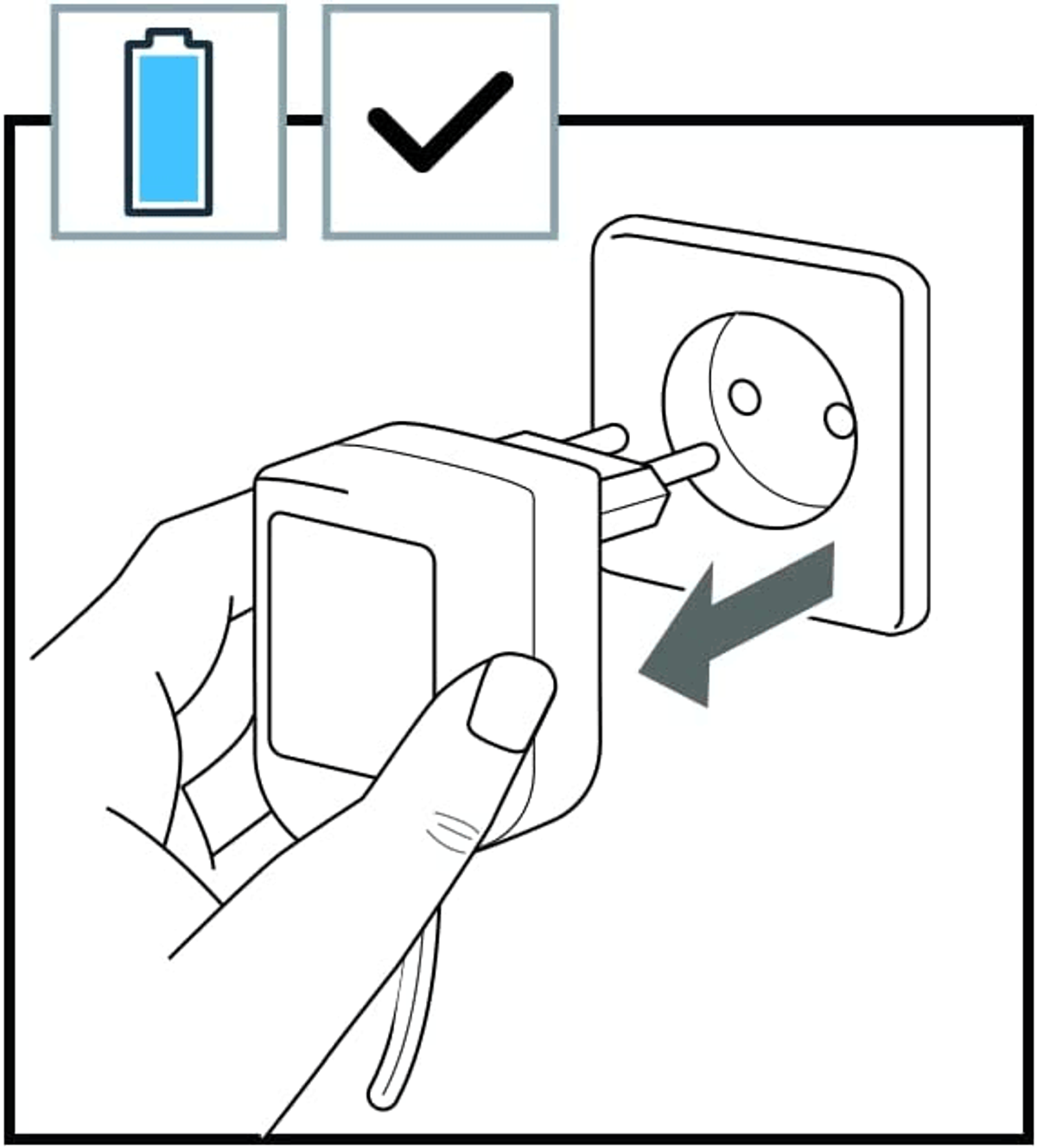 Ilustracja dłoni wkładającej adapter do gniazdka. Znak wyboru.