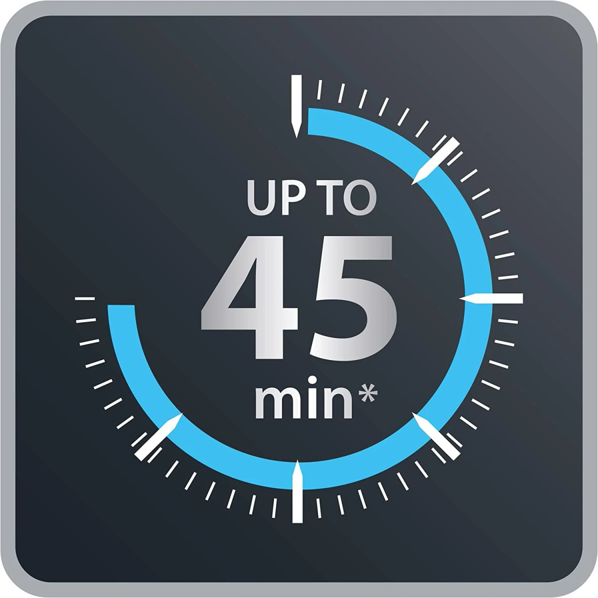 Grafika z tekstem: Do 45 min. Niebieski półokrąg wokół tekstu i szare tło.