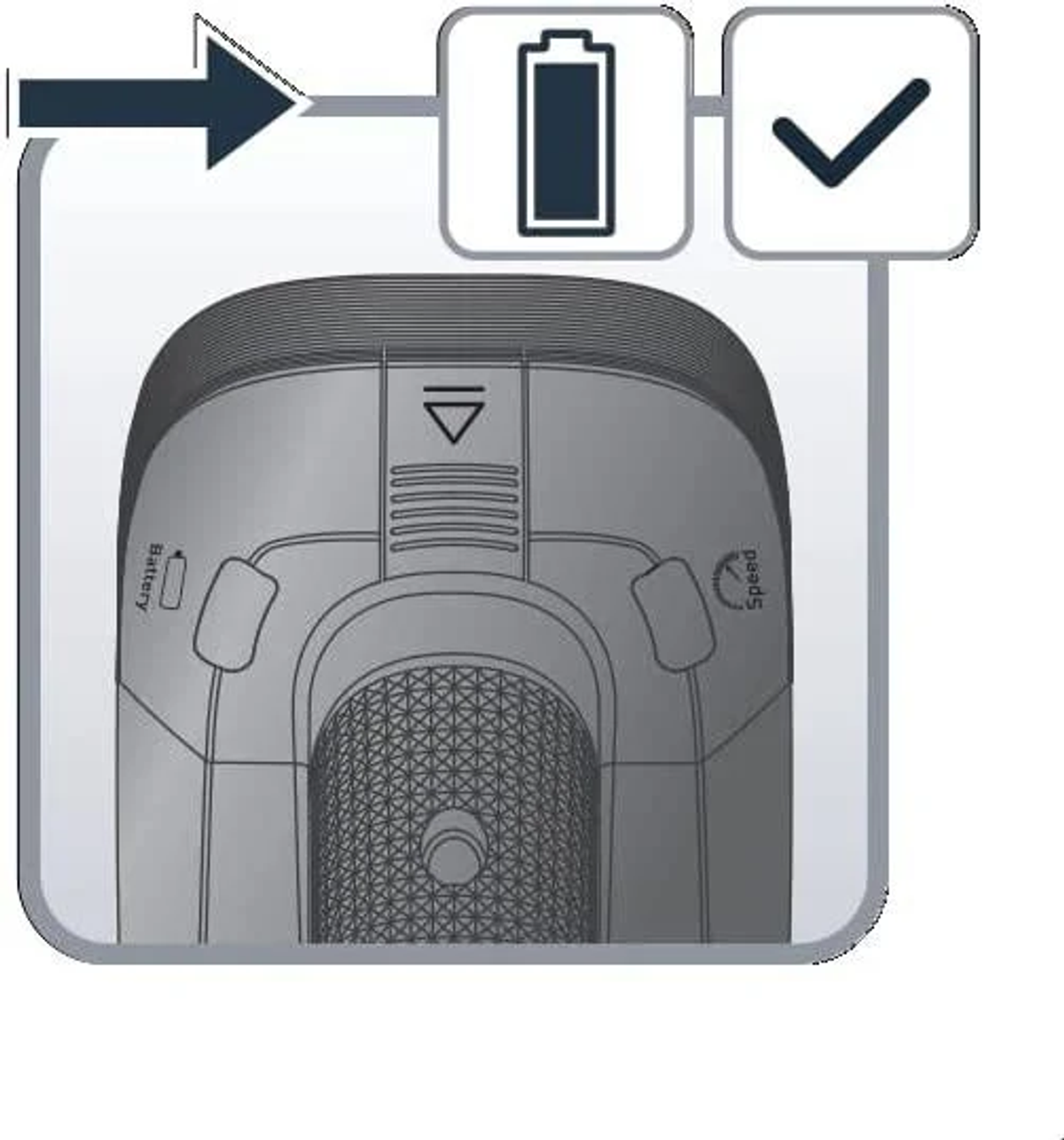 Ilustracja elementu odkurzacza ze wskaźnikiem baterii i prędkości.