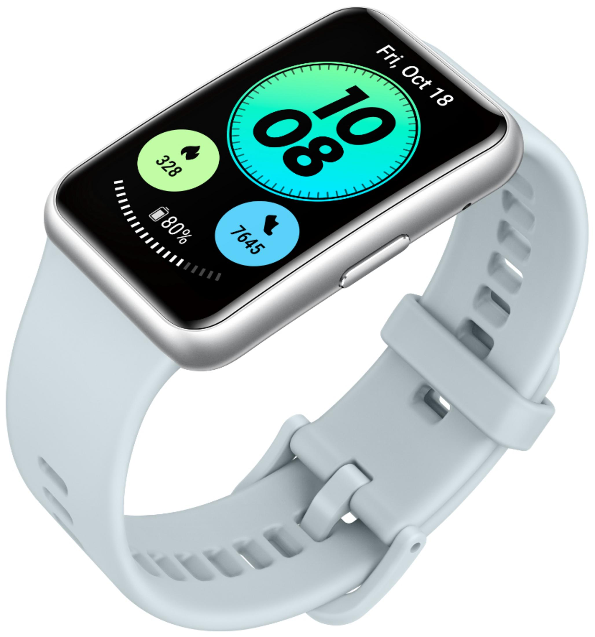 Eine silberne Smartwatch mit hellblauem Armband. Der Bildschirm zeigt Zeit und Gesundheitsmetriken.