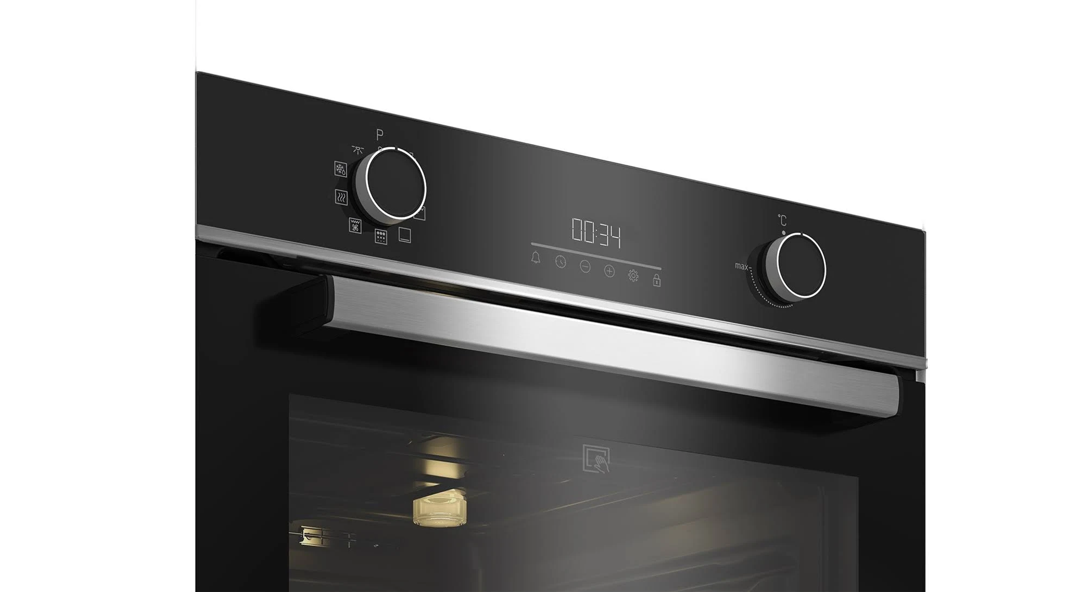 Un forno nero con display digitale che mostra l'ora e due manopole di controllo.