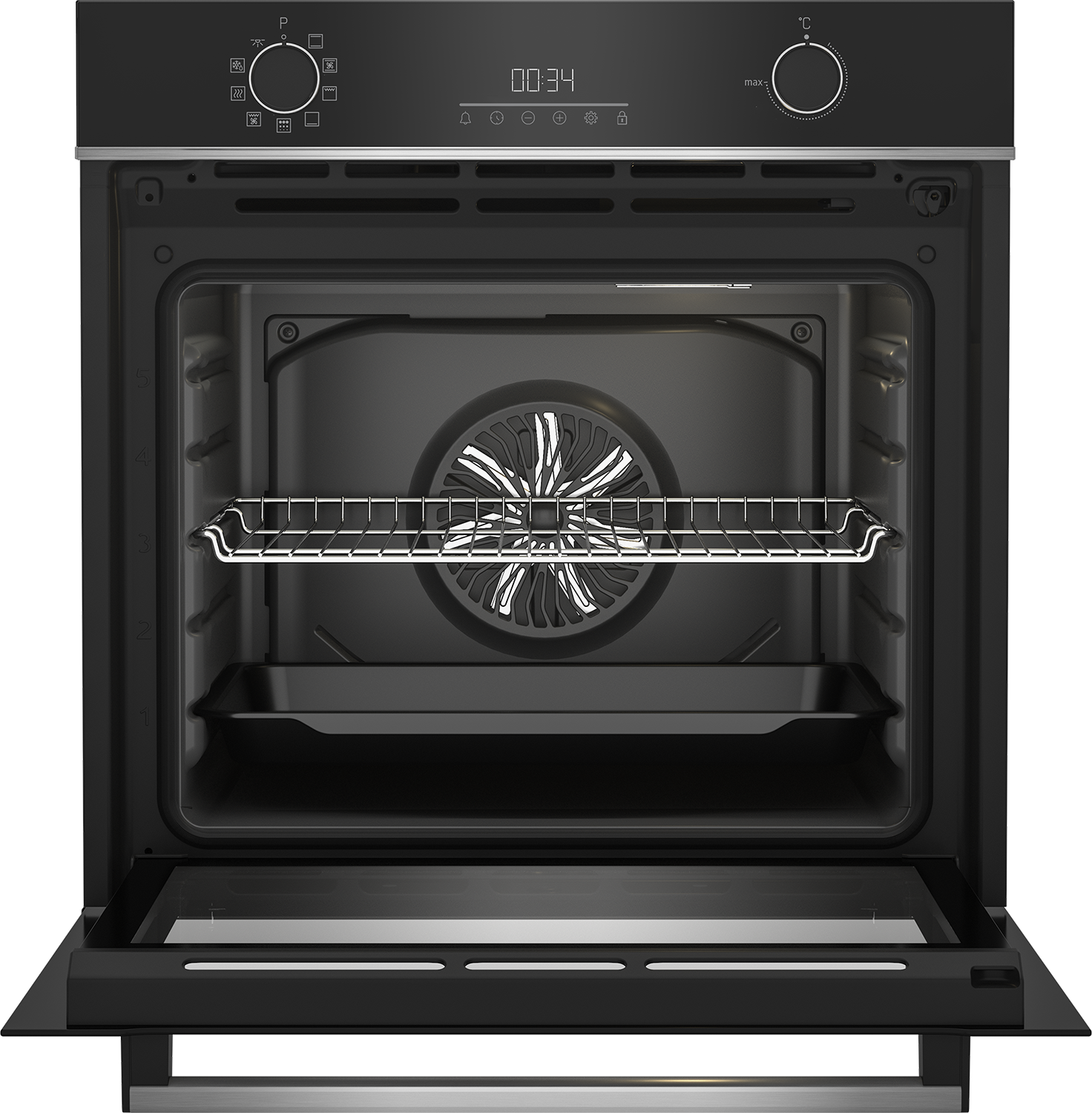 Forno nero con porta aperta, interno con griglia, ventola e vassoio. Comandi in alto. Timer digitale.