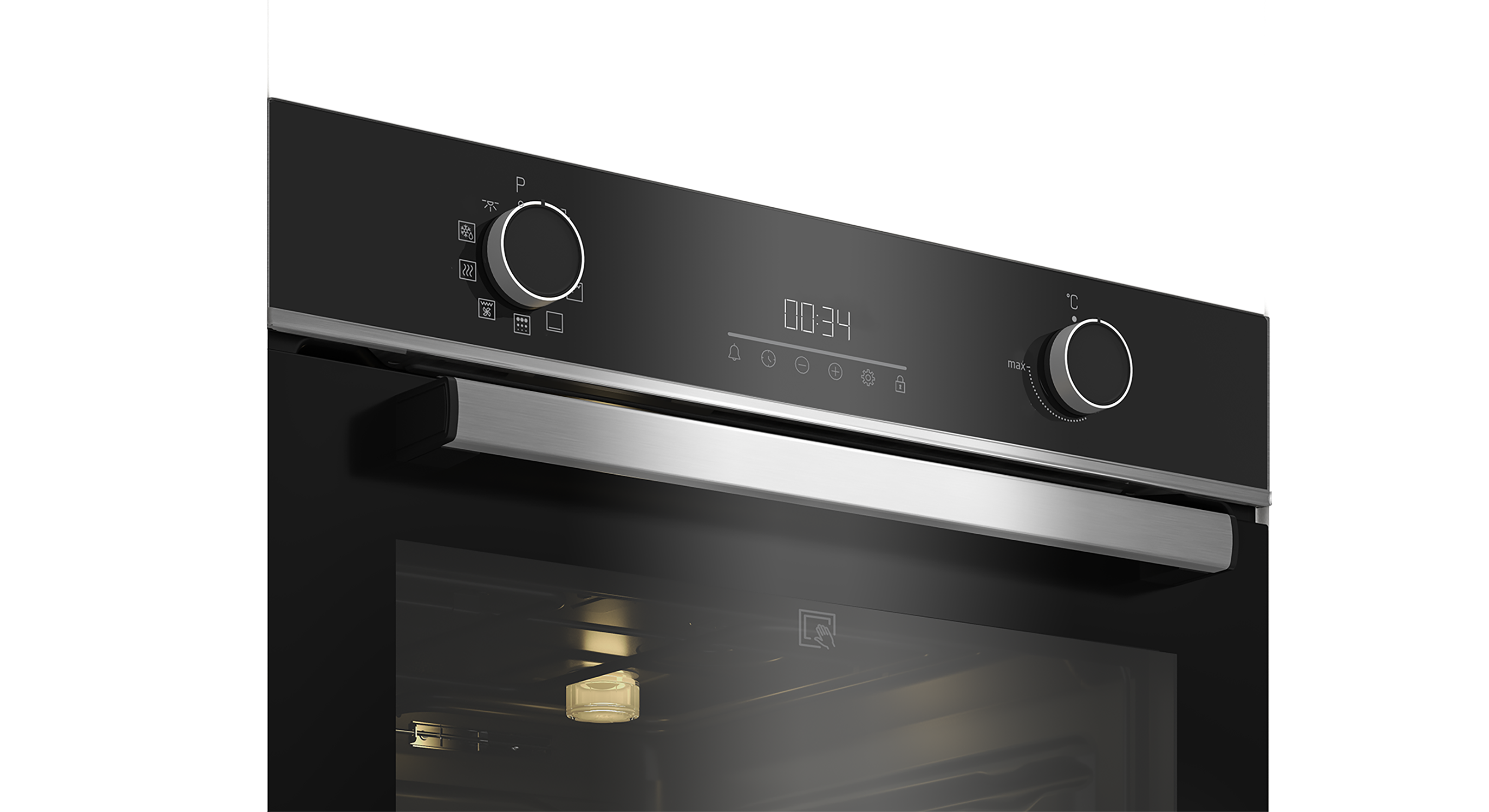 Primo piano di un pannello di controllo del forno con display.