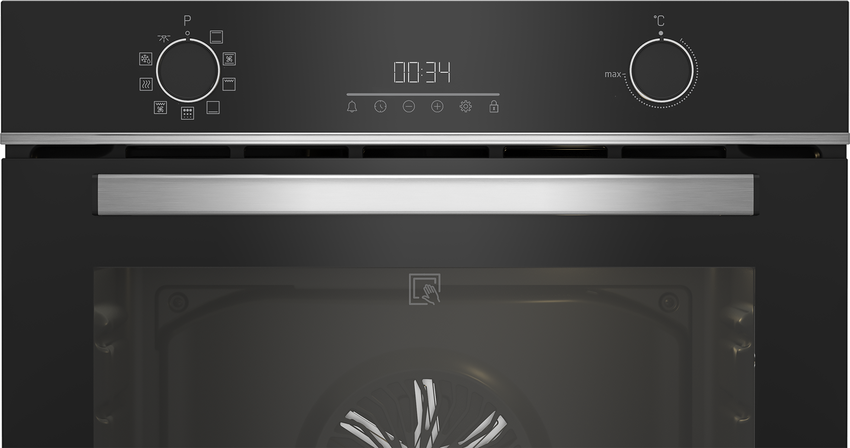 Pannello di controllo del forno. Ha timer, temperatura e altre impostazioni. Mostra 00:34.