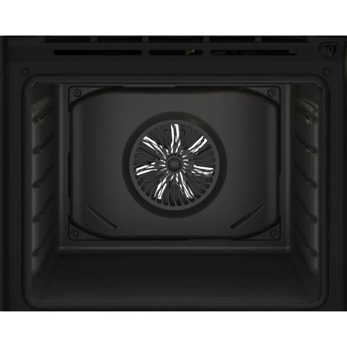 Interno di un forno. C'è una ventola al centro. Lo sfondo è nero.