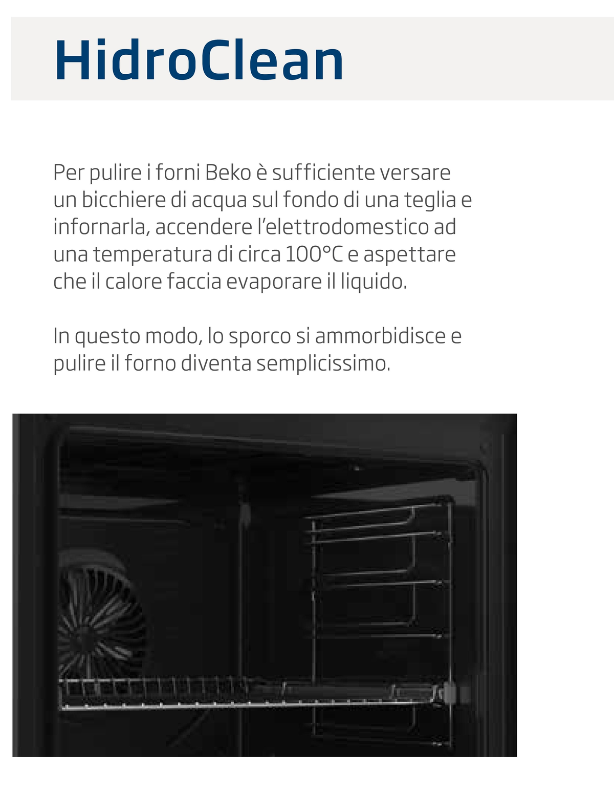 Testo sulla pulizia di un forno Beko. Mostra l'interno del forno. Istruzioni per la pulizia.