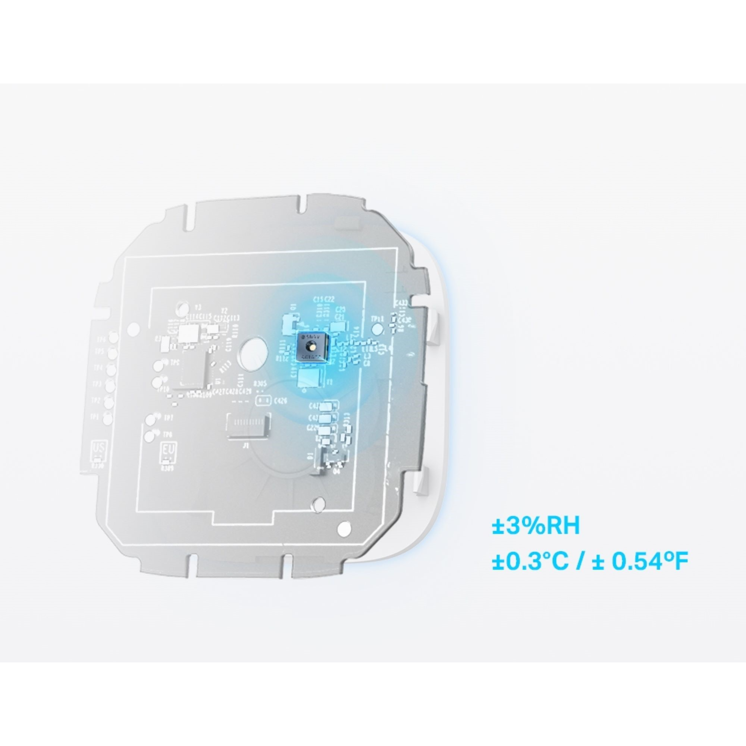 Un thermostat blanc avec écran et composants internes, affichant les relevés de température et d'humidité.