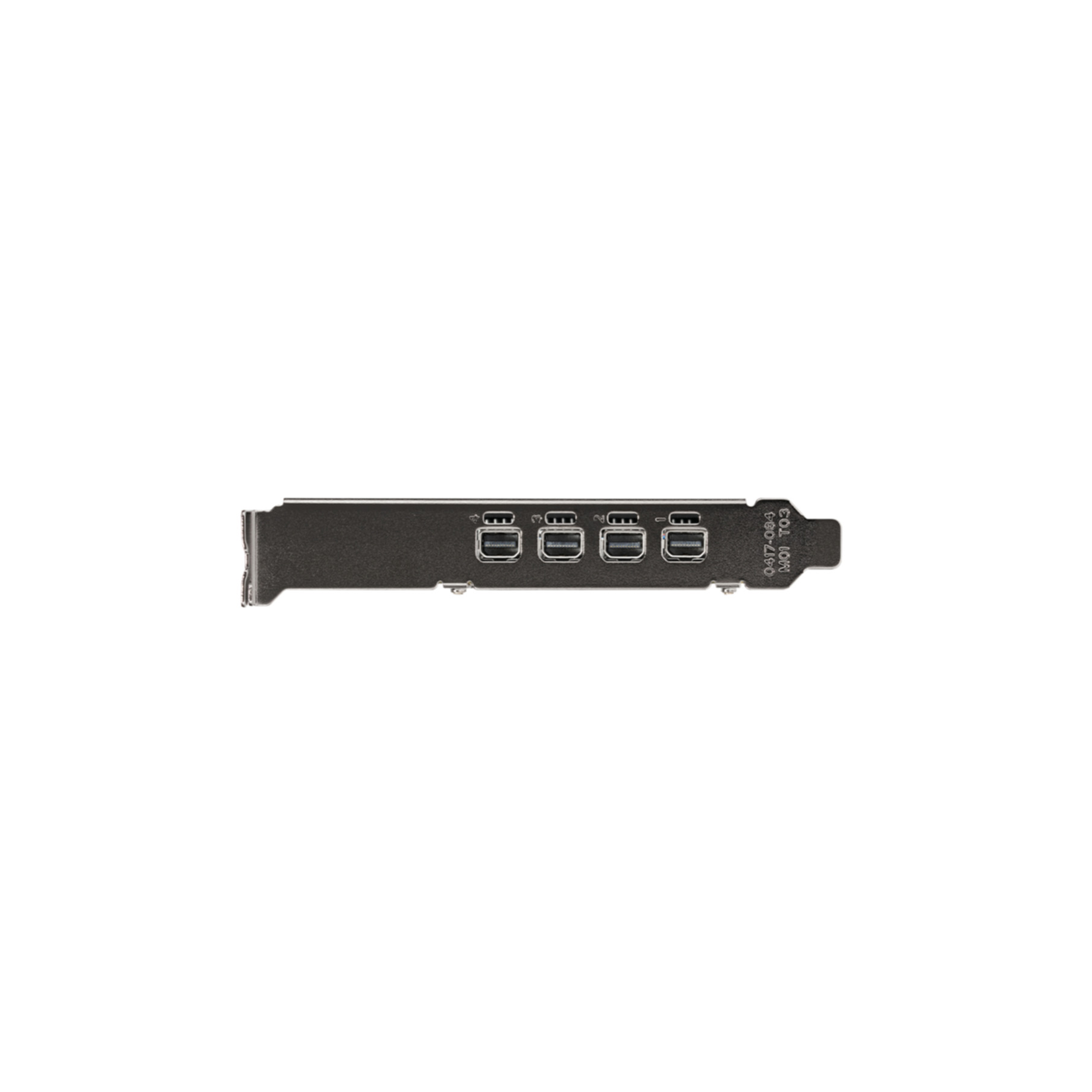 Eine Grafikkarte mit mehreren USB-Anschlüssen. Die Karte ist schwarz, die Anschlüsse sind schwarz, weißer Hintergrund.