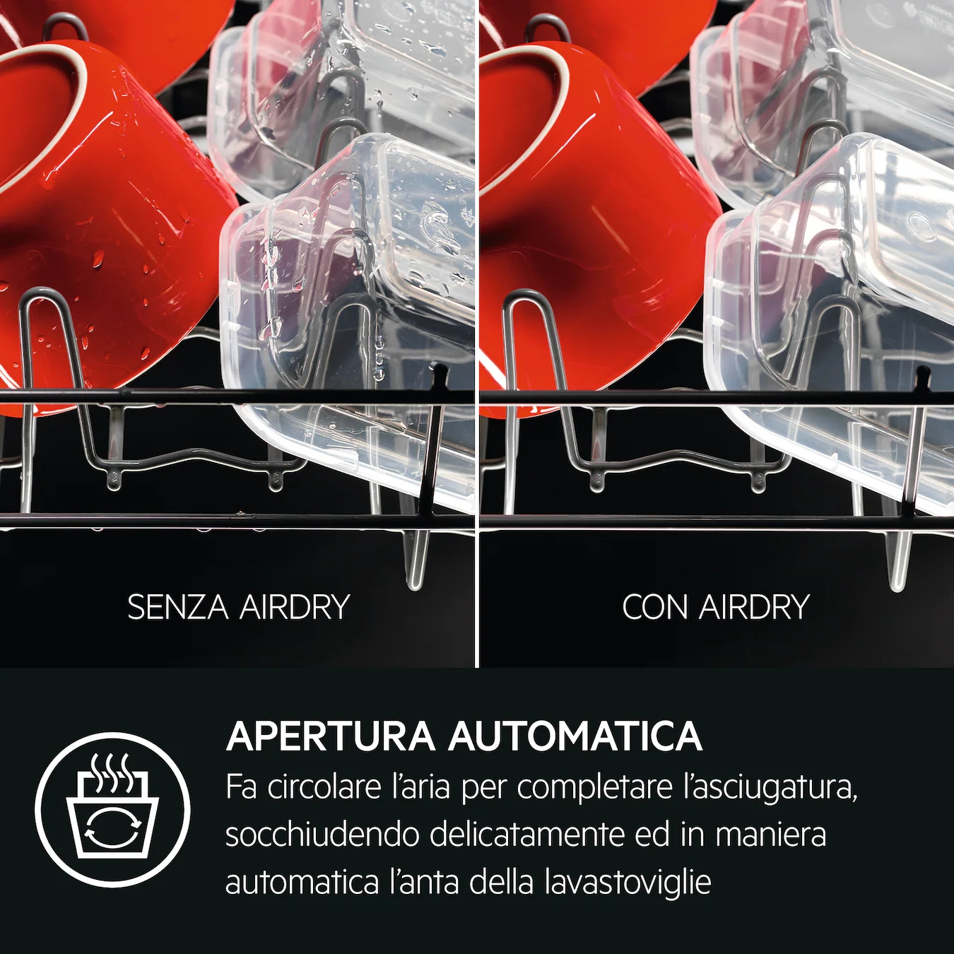Lavastoviglie con tazze rosse e contenitori trasparenti, una sezione con asciugatura ad aria.