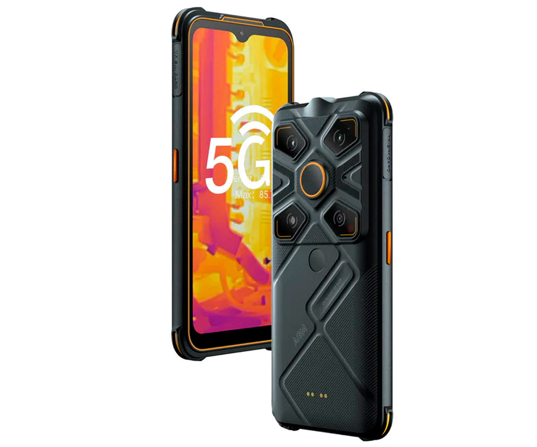 Teléfono robusto con pantalla de imagen térmica y cámaras traseras.